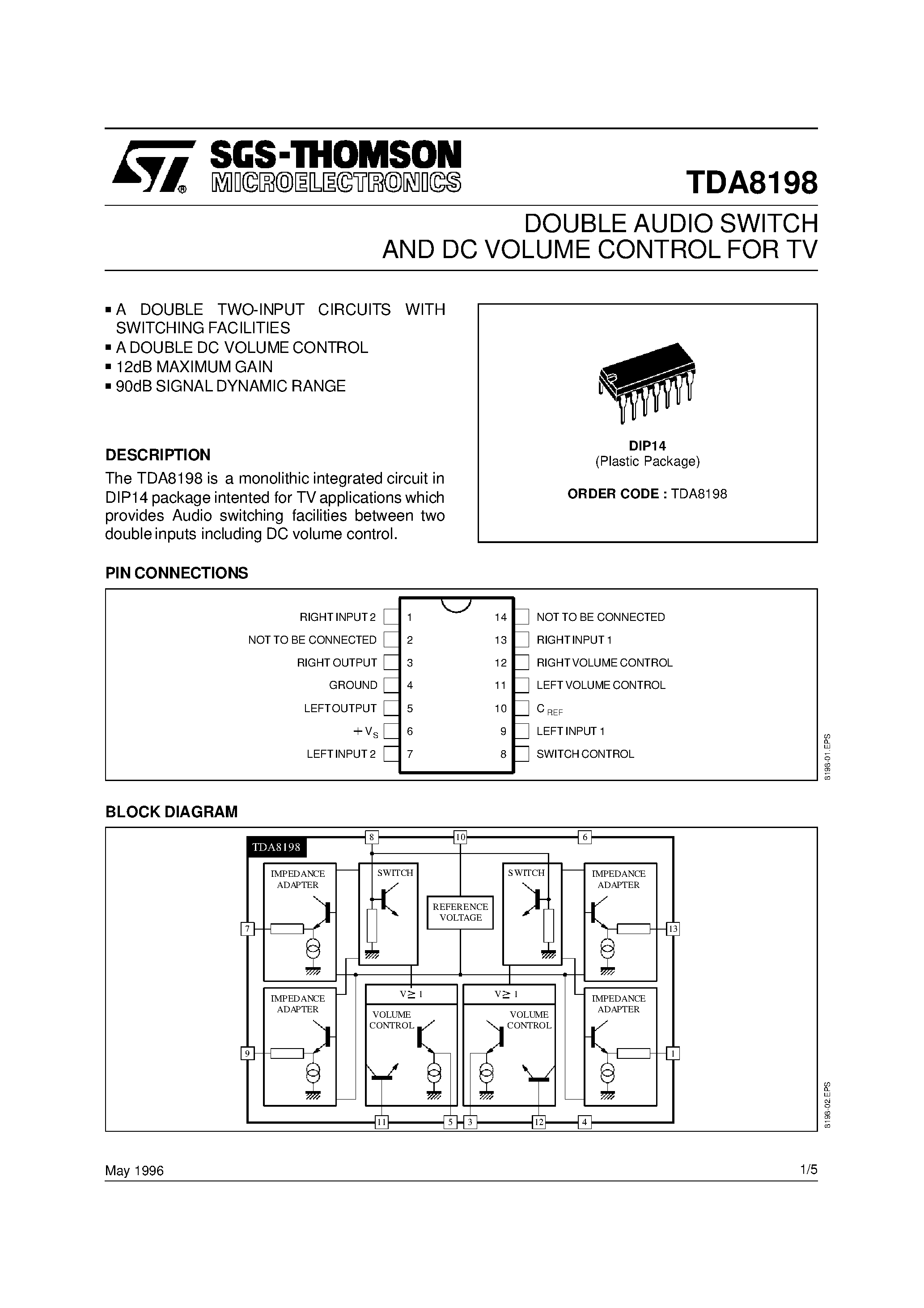 Datasheet TDA8198 - DOUBLE AUDIO SWITCH AND DC VOLUME CONTROL FOR TV page 1