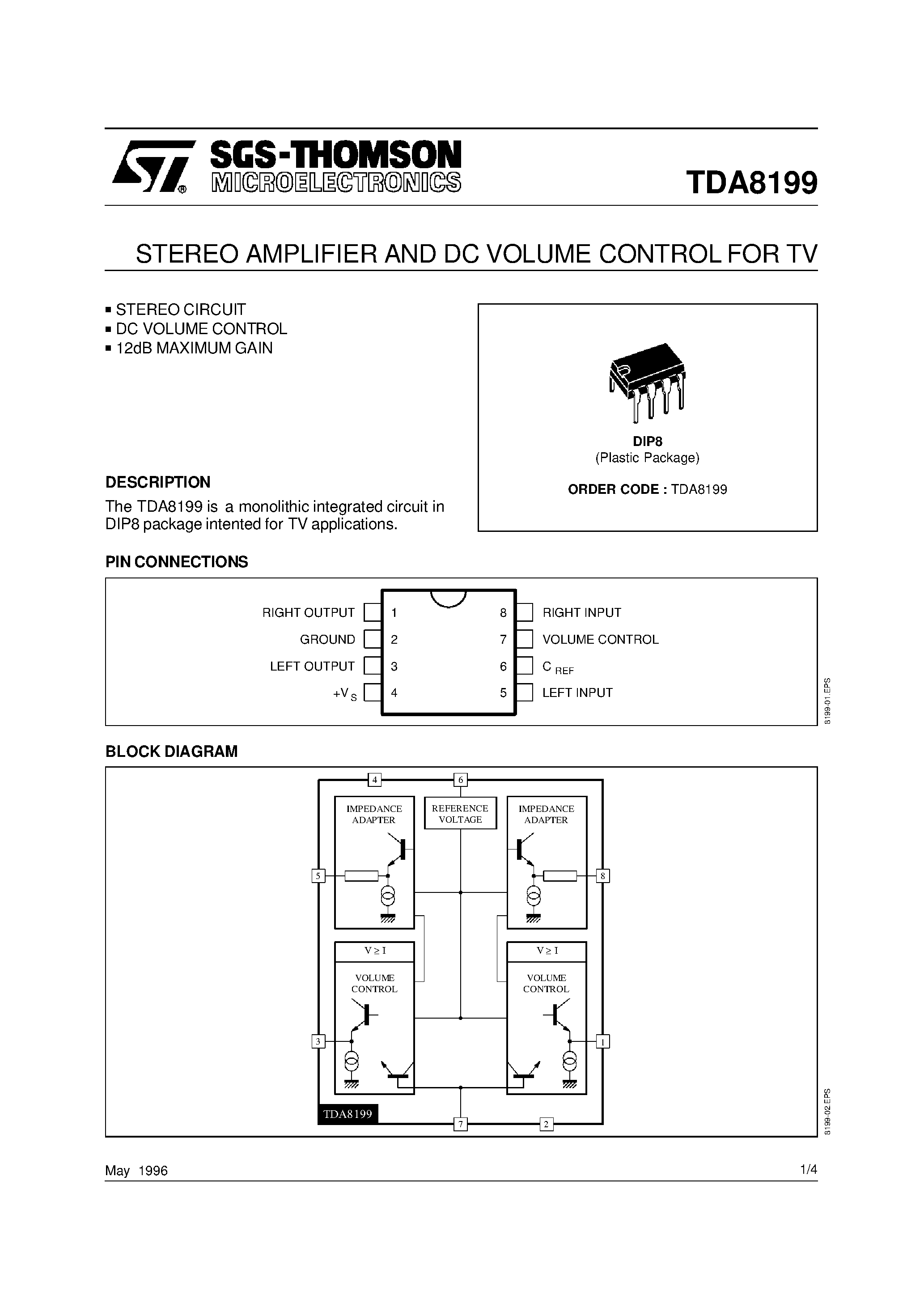 Datasheet TDA8199 - STEREO AMPLIFIER AND DC VOLUME CONTROL FOR TV page 1