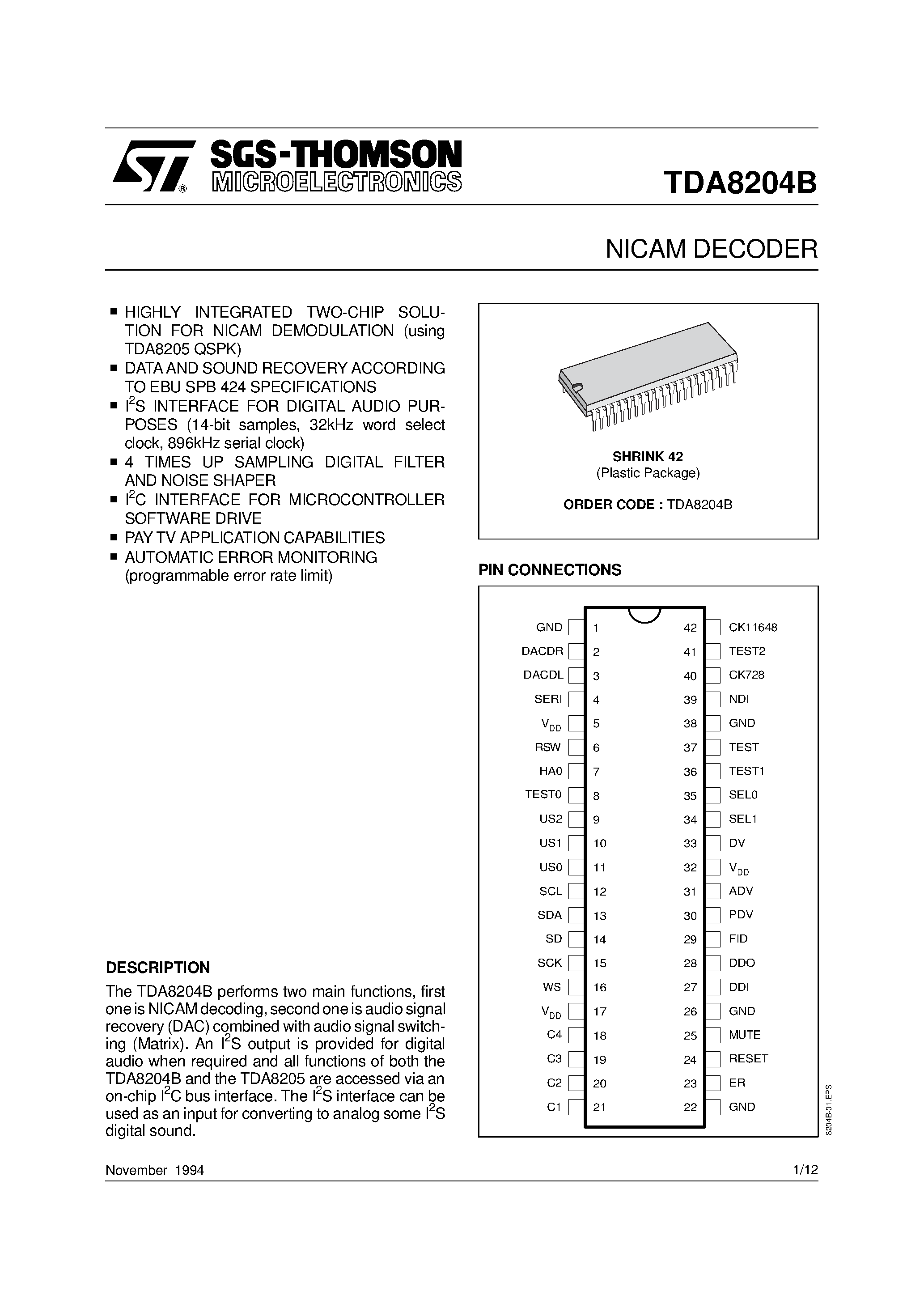 Datasheet TDA8204B - NICAM DECODER page 1