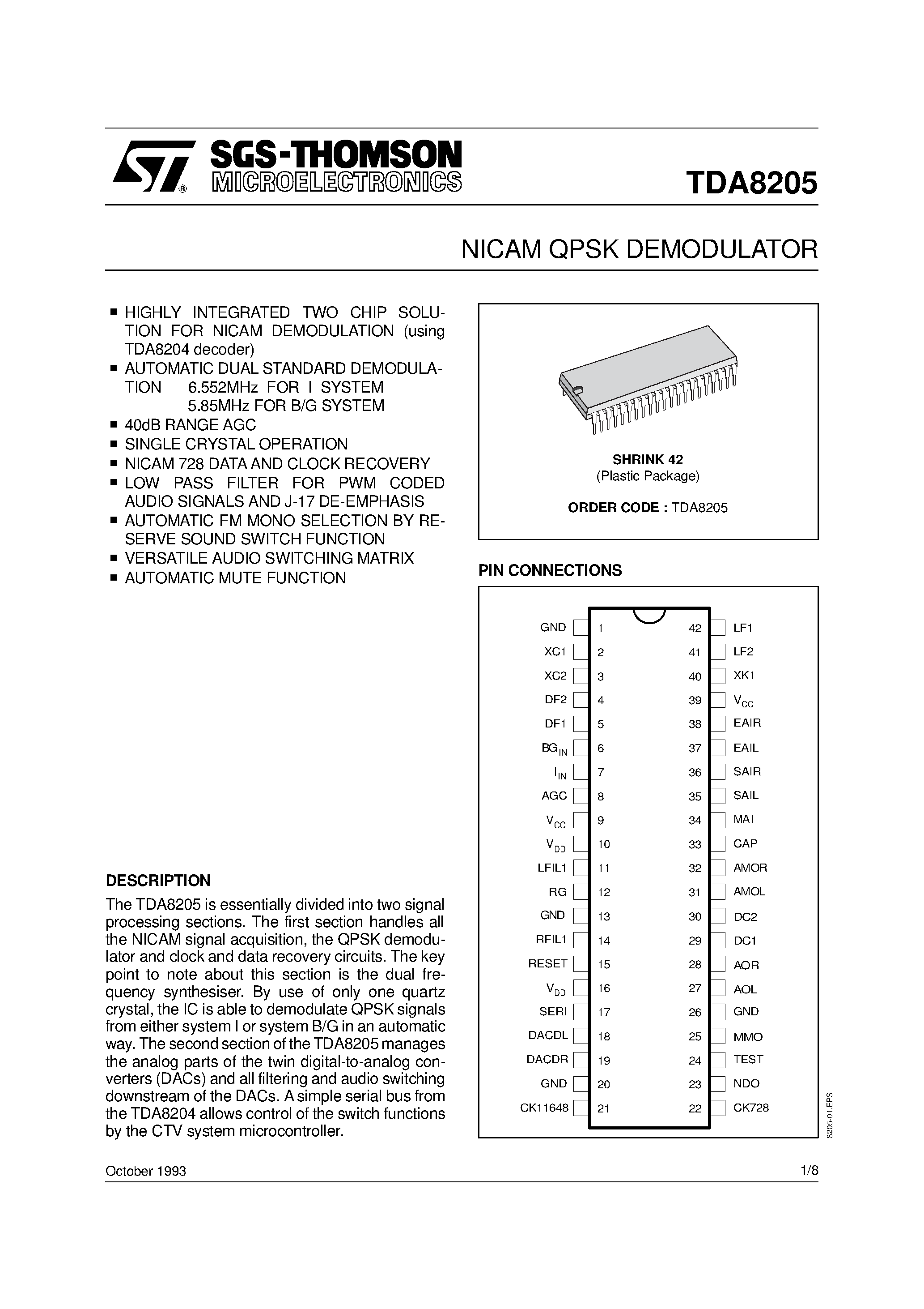 Datasheet TDA8205 - NICAM QPSK DEMODULATOR page 1