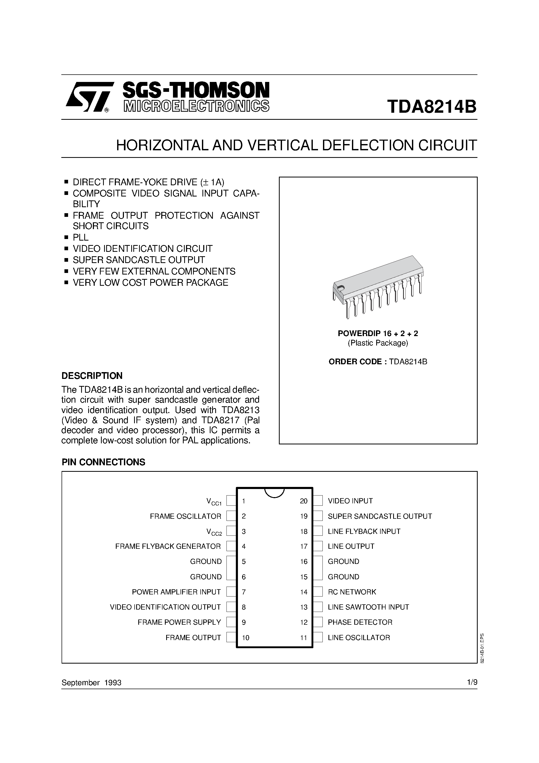 Даташит TDA8214B - HORIZONTAL AND VERTICAL DEFLECTION CIRCUIT страница 1