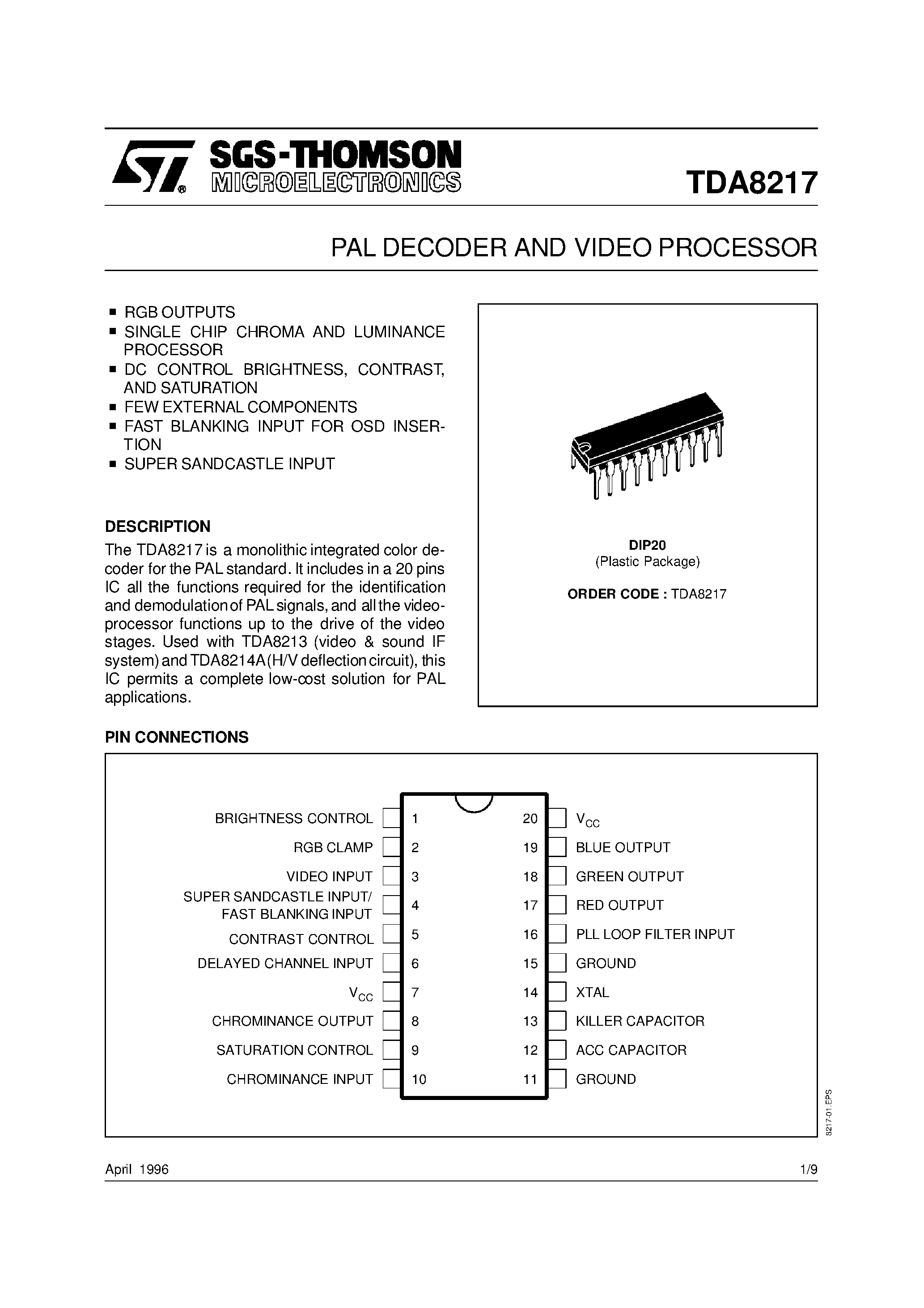 Datasheet TDA8217 - PAL DECODER AND VIDEO PROCESSOR page 1