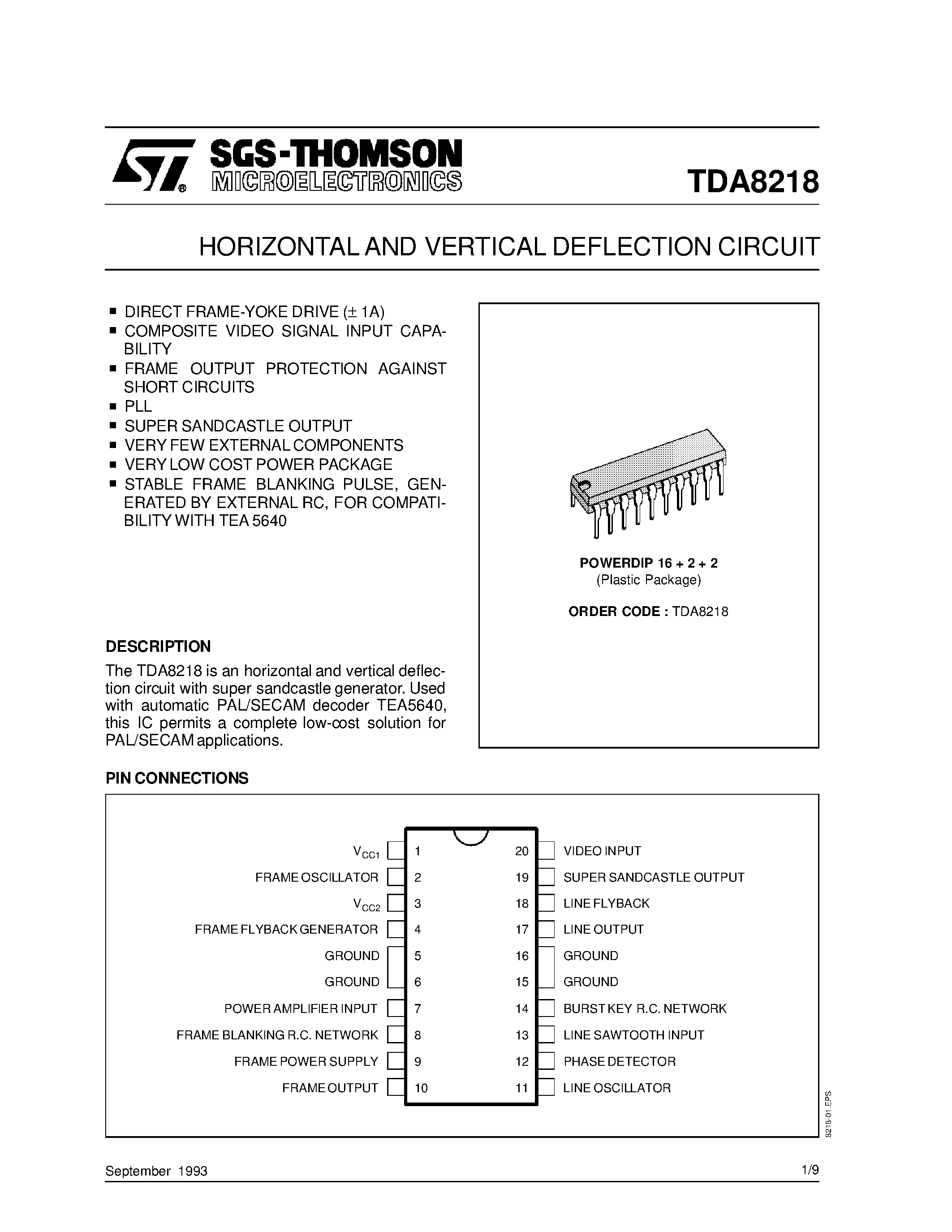 Даташит TDA8218 - HORIZONTAL AND VERTICAL DEFLECTION CIRCUIT страница 1