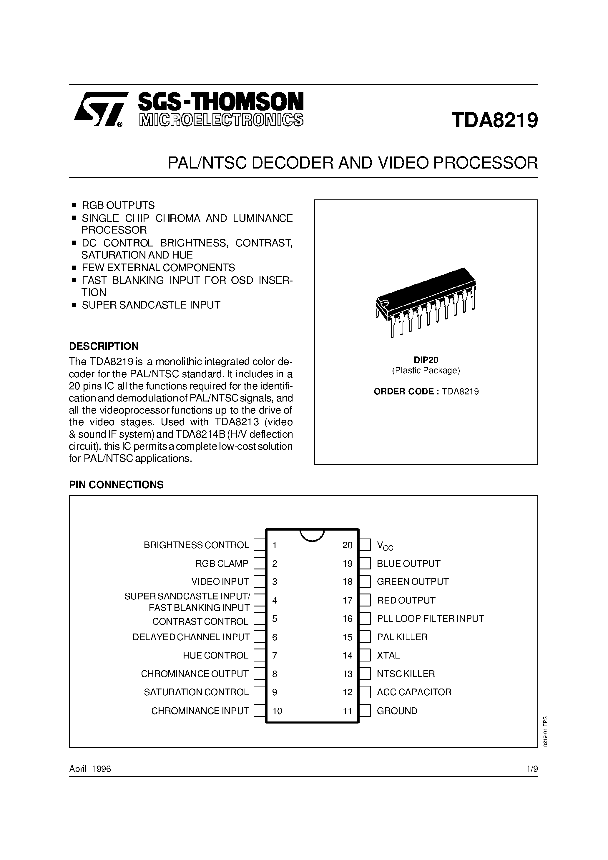 Datasheet TDA8219 - PAL/NTSC DECODER AND VIDEO PROCESSOR page 1