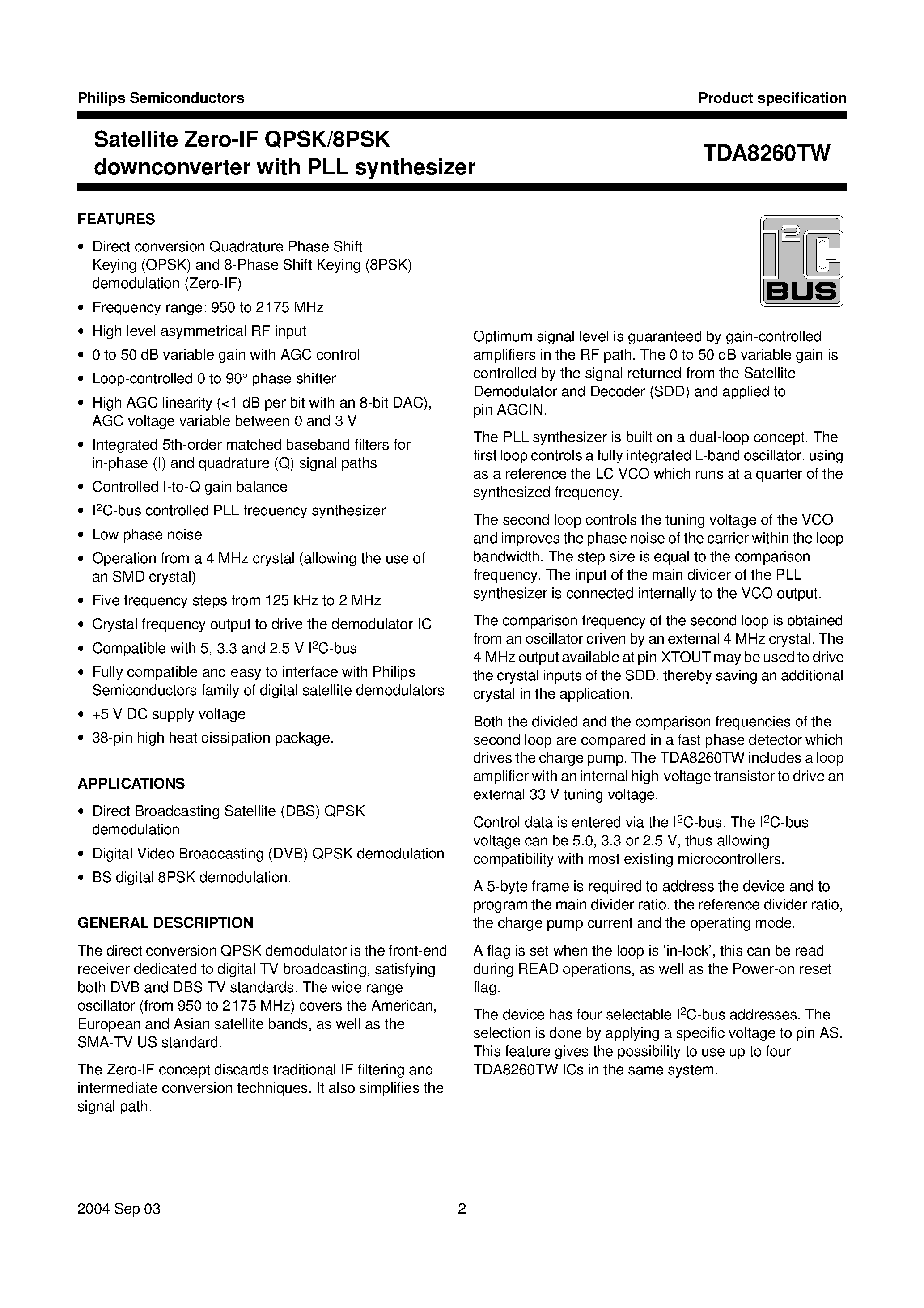 Datasheet TDA8260 - Satellite Zero-IF QPSK/8PSK downconverter with PLL synthesizer page 2