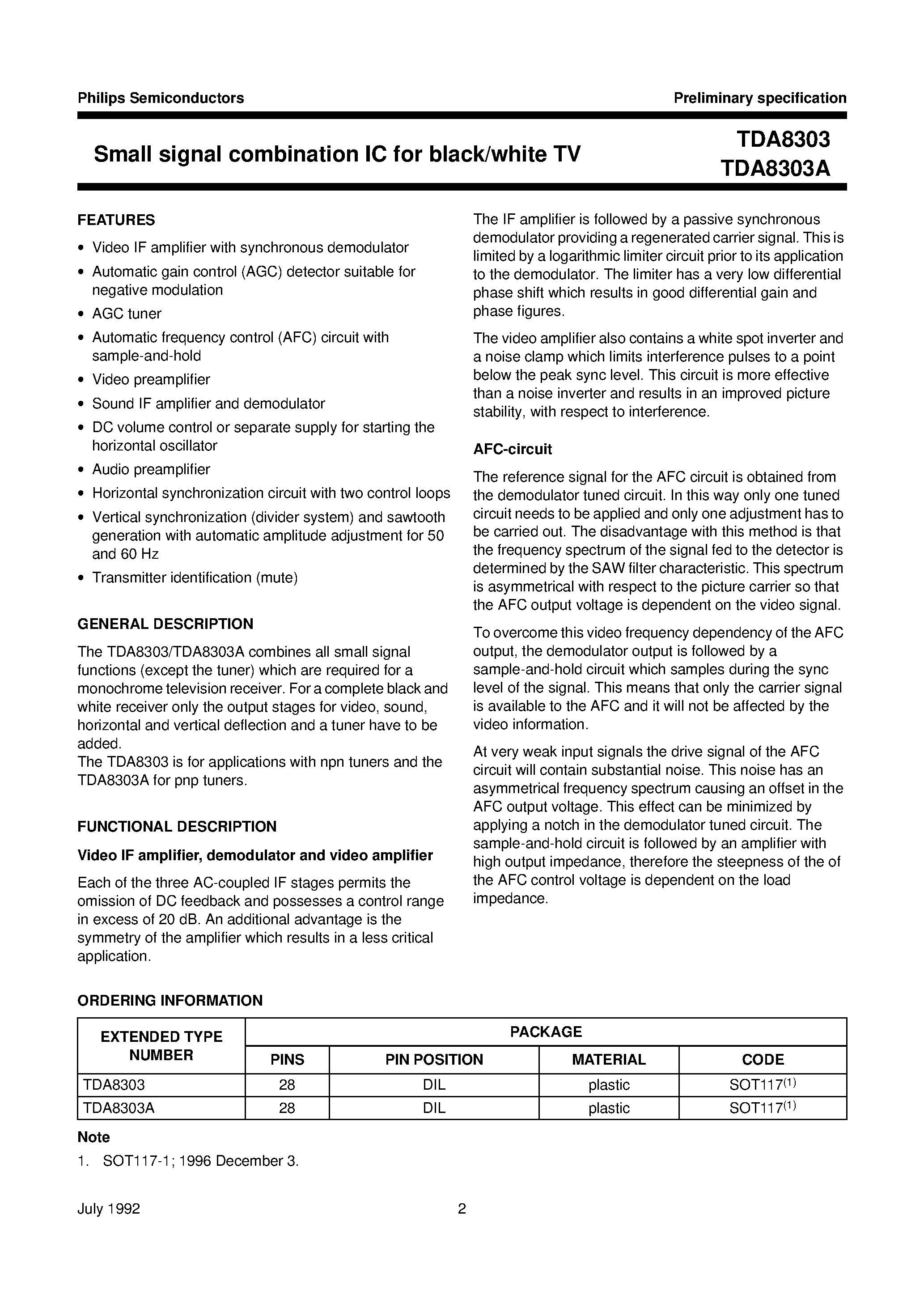 Datasheet TDA8303A - Small signal combination IC for black/white TV page 2