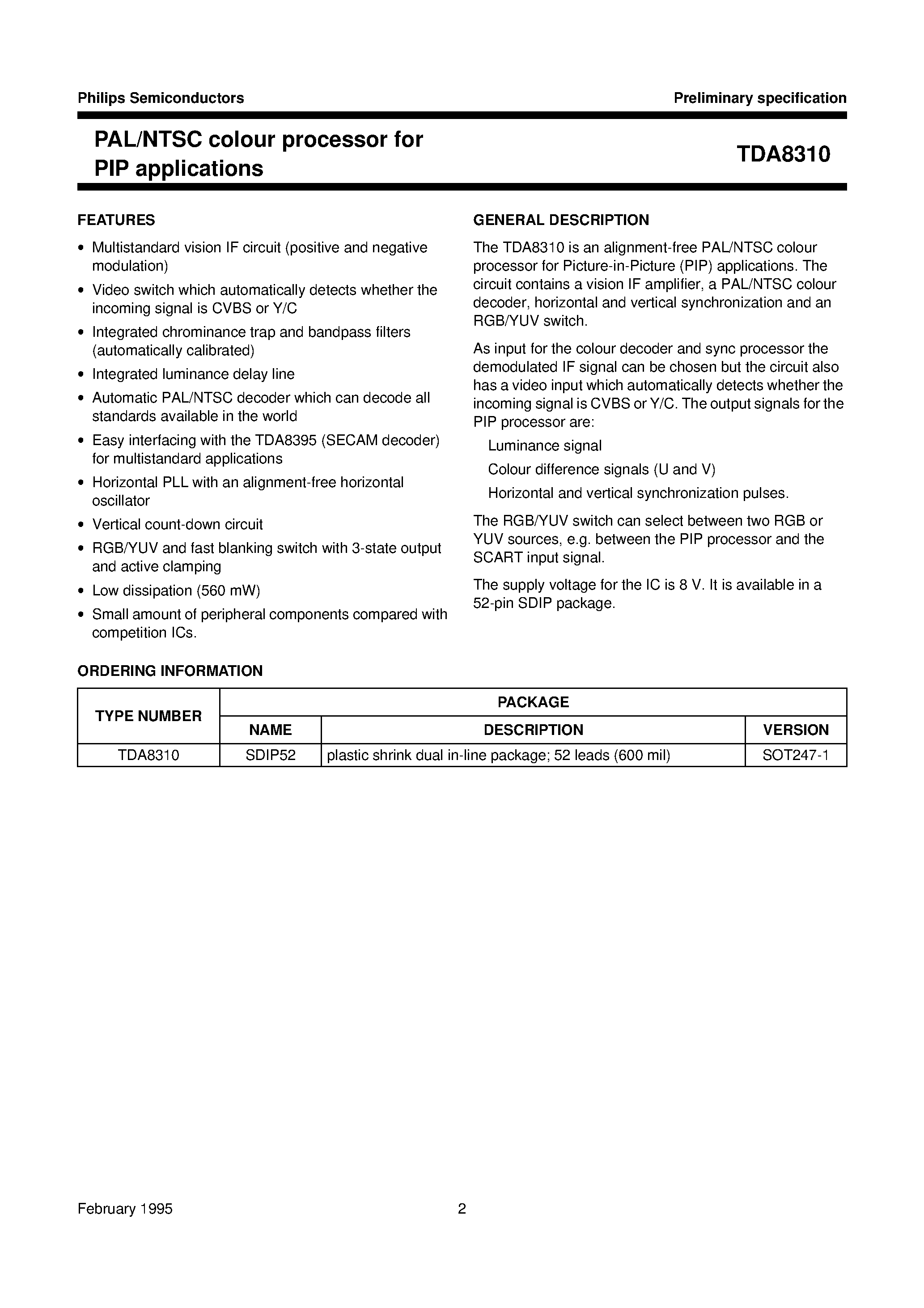 Datasheet TDA8310 page 2 Datasheet TDA8310 - PAL/NTSC colour processor for PIP applications page 2