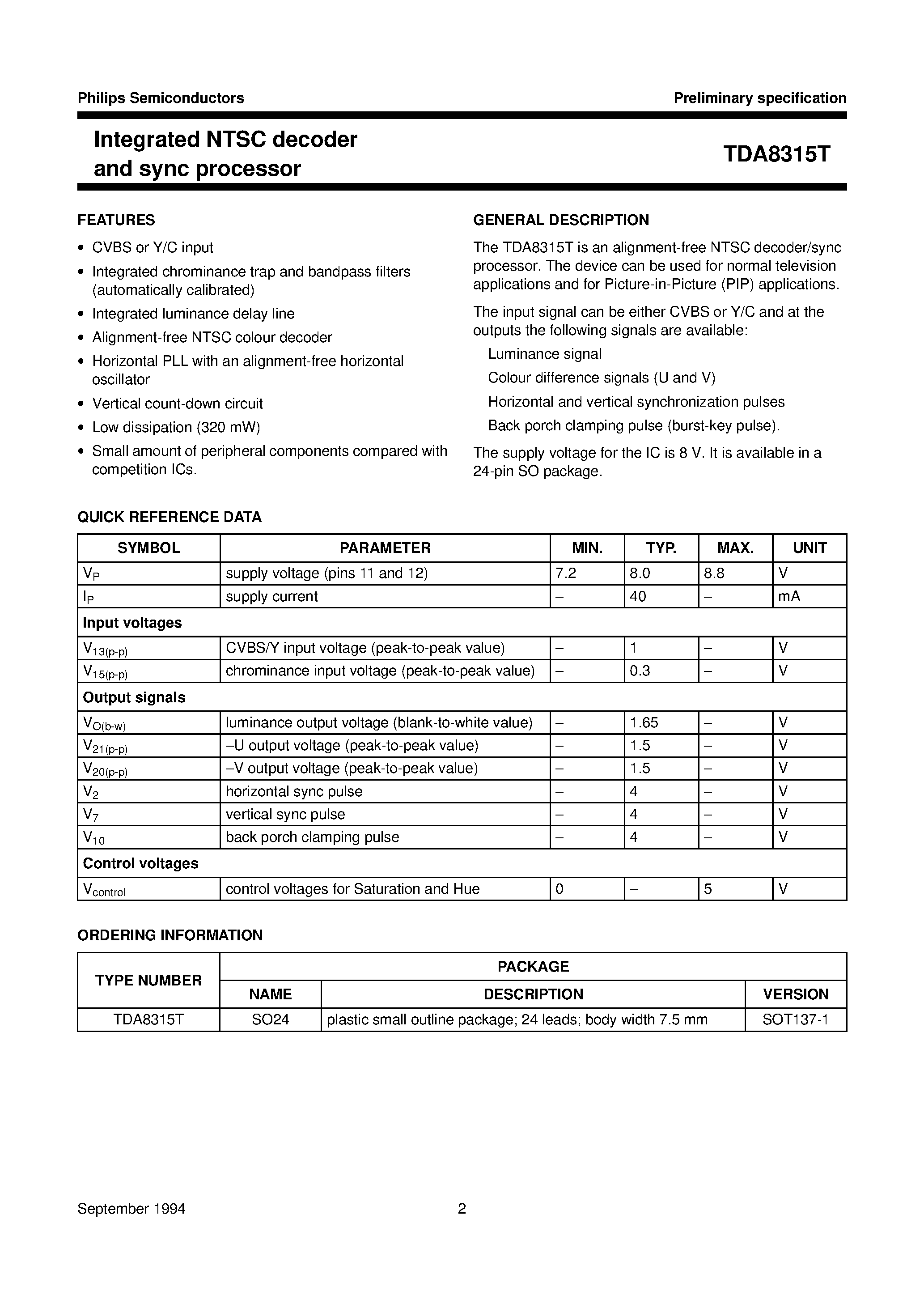 Datasheet TDA8315T page 2 Datasheet TDA8315T - Integrated NTSC decoder and sync processor page 2