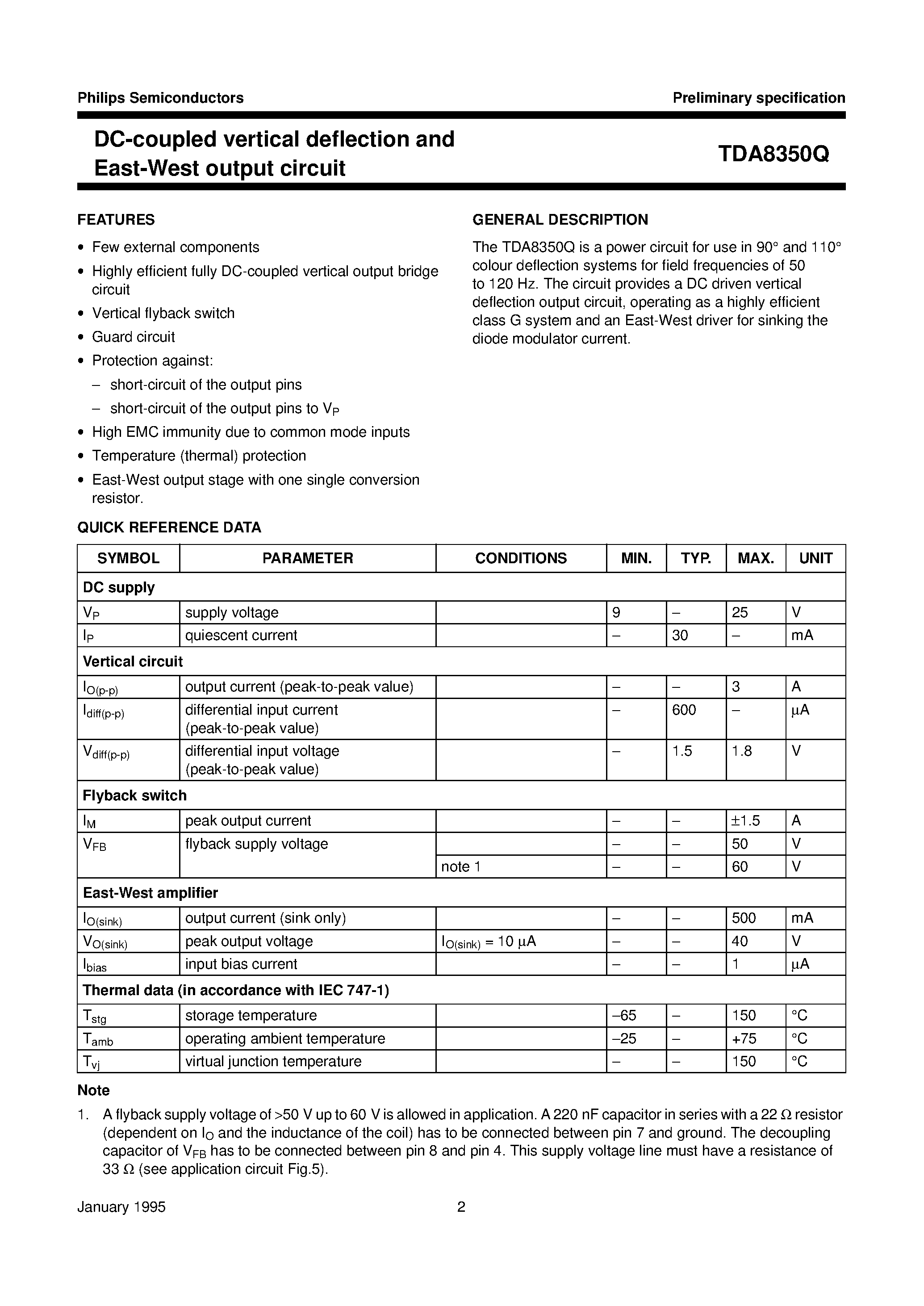 Datasheet TDA8350Q page 2 Datasheet TDA8350Q - DC-coupled vertical deflection and East-West output circuit page 2