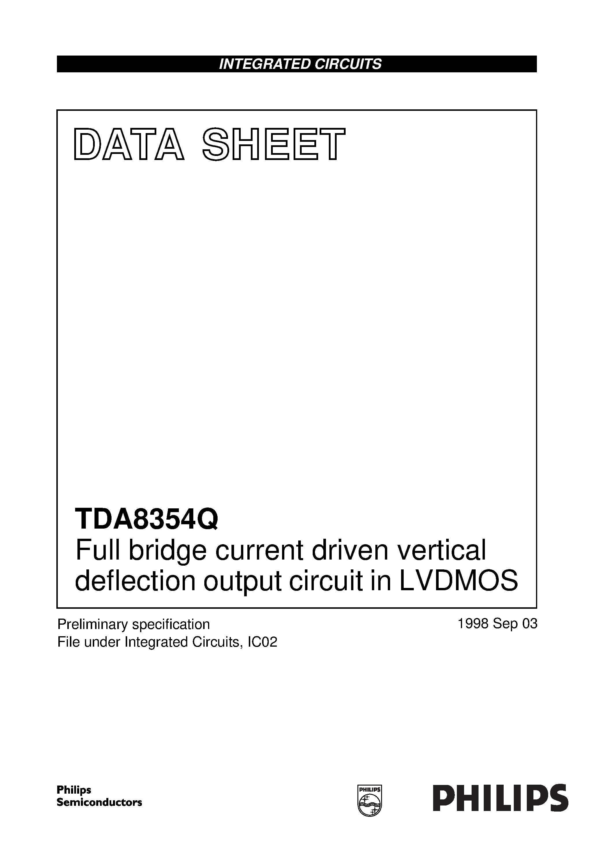 Даташит на микросхему TDA8354 страница 1 Даташит TDA8354 - Full bridge current driven vertical deflection output circuit in LVDMOS страница 1