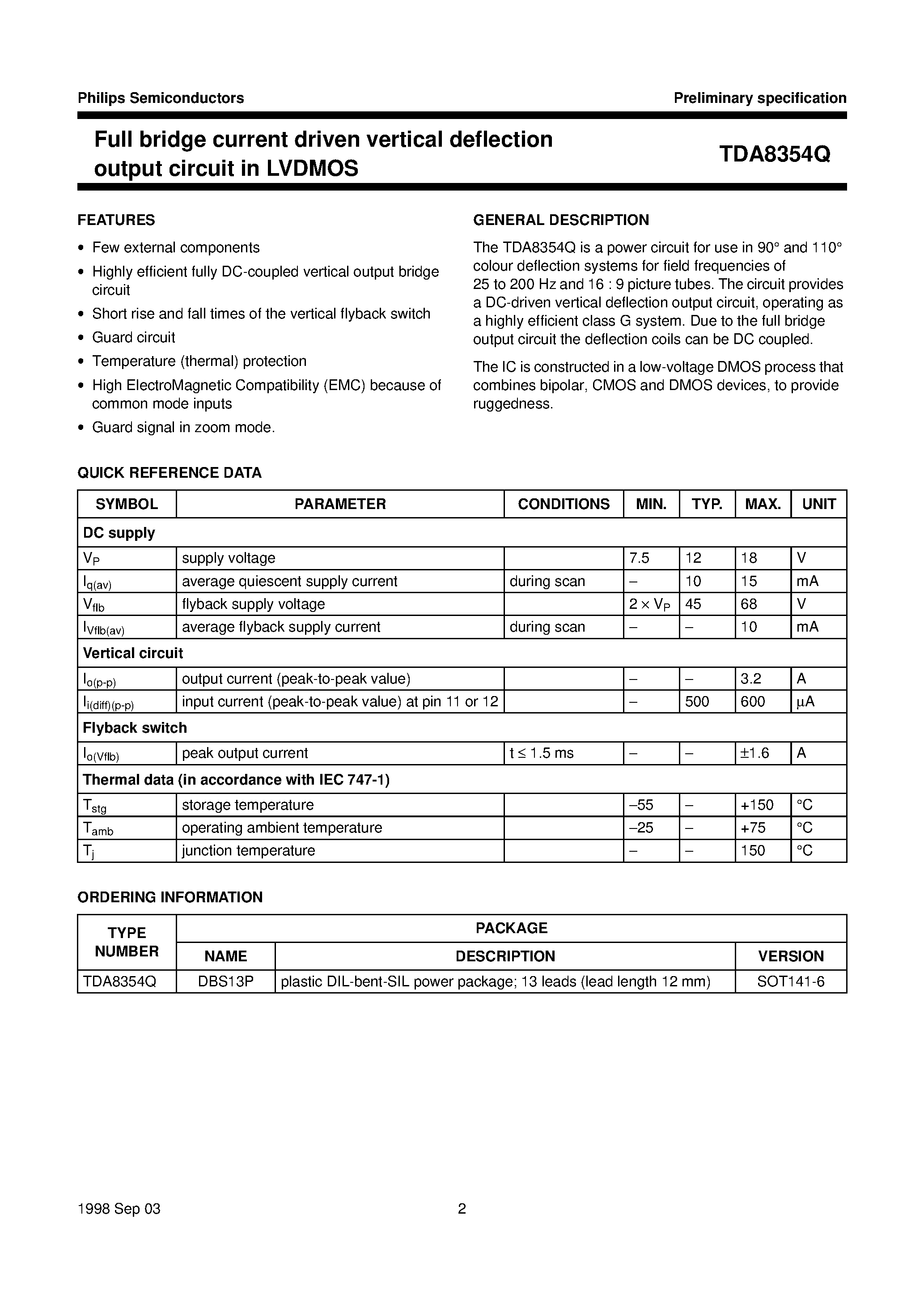 Даташит на микросхему TDA8354 страница 2 Даташит TDA8354 - Full bridge current driven vertical deflection output circuit in LVDMOS страница 2