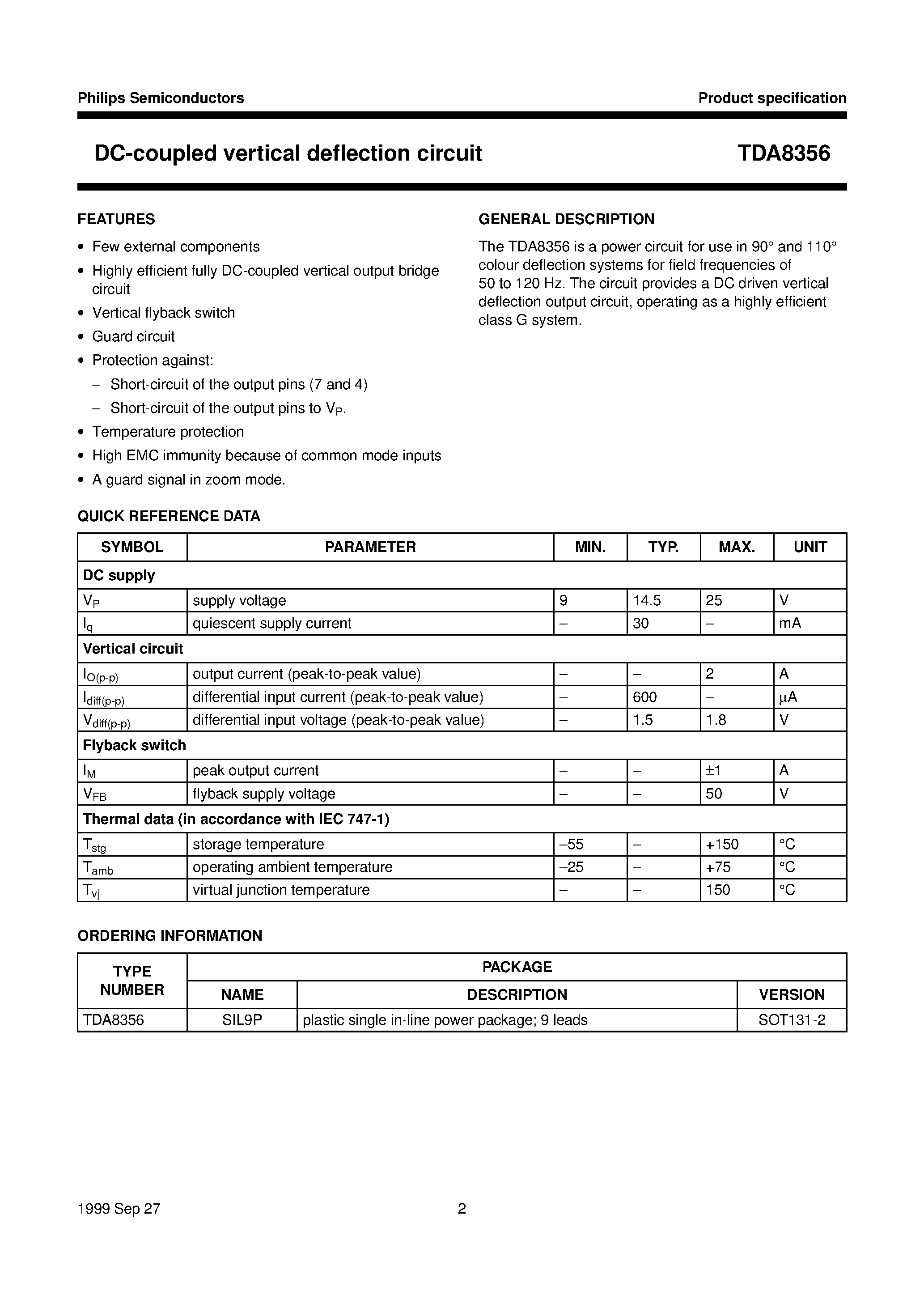 Даташит на микросхему TDA8356 страница 2 Даташит TDA8356 - DC-coupled vertical deflection circuit страница 2