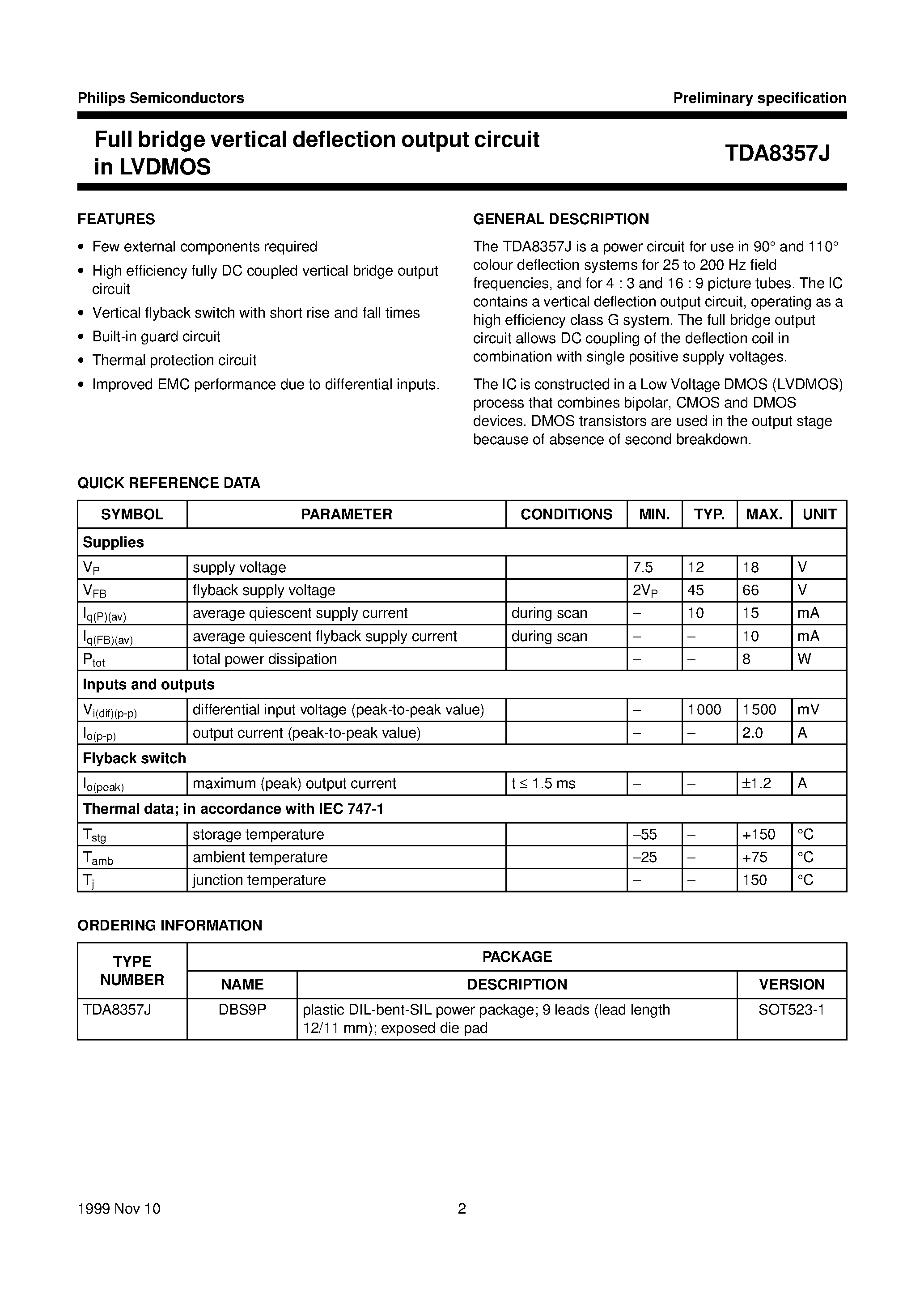 Datasheet TDA8357 - Full bridge vertical deflection output circuit in LVDMOS page 2