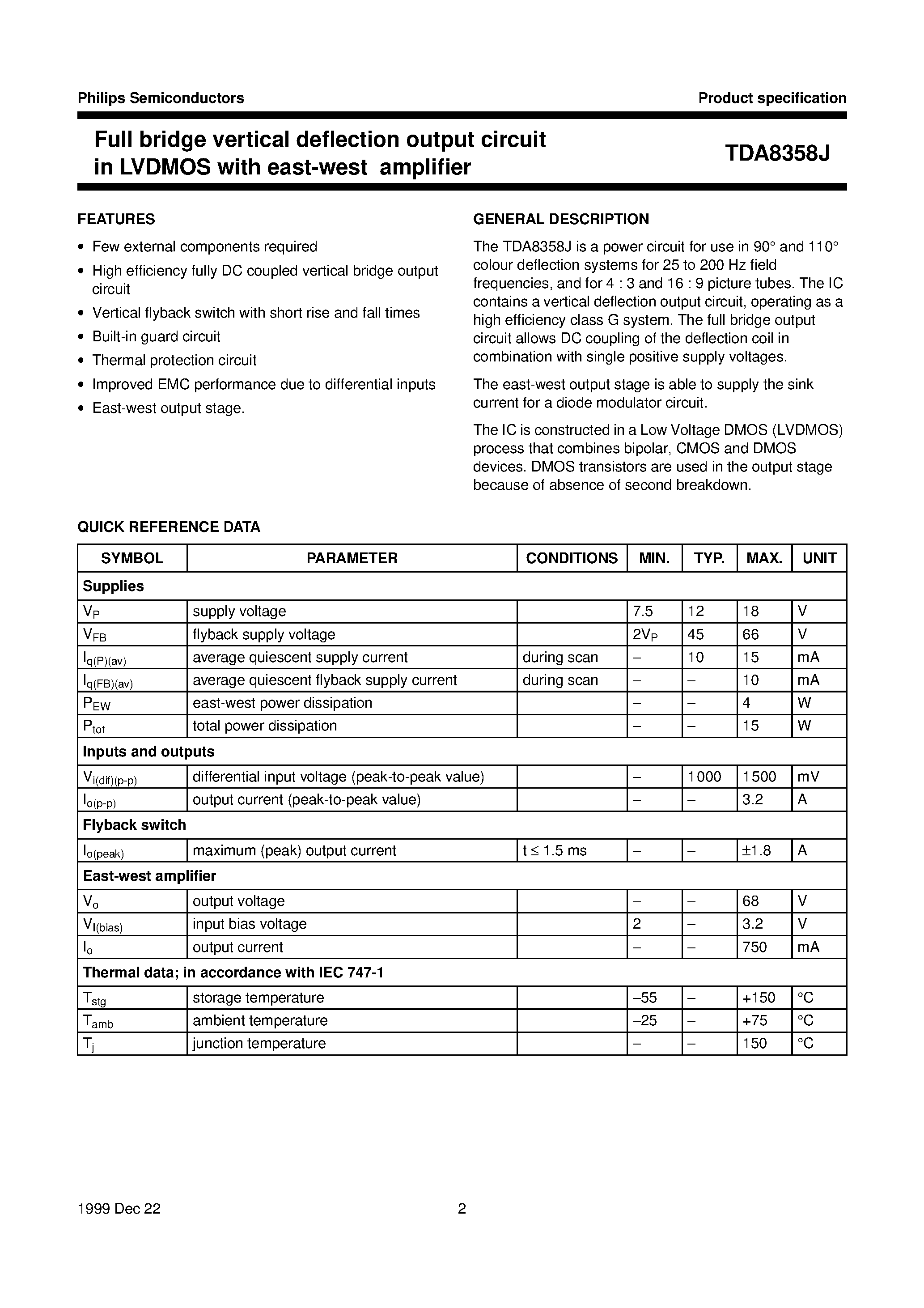 Даташит TDA8358 - Full bridge vertical deflection output circuit in LVDMOS with east-west amplifier страница 2