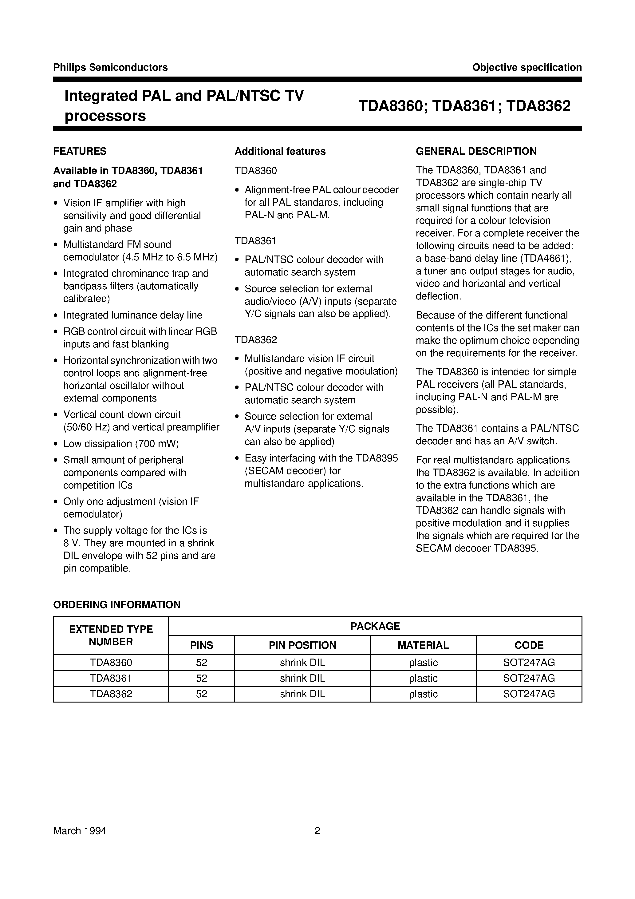 Datasheet TDA8360 - Integrated PAL and PAL/NTSC TV processors page 2