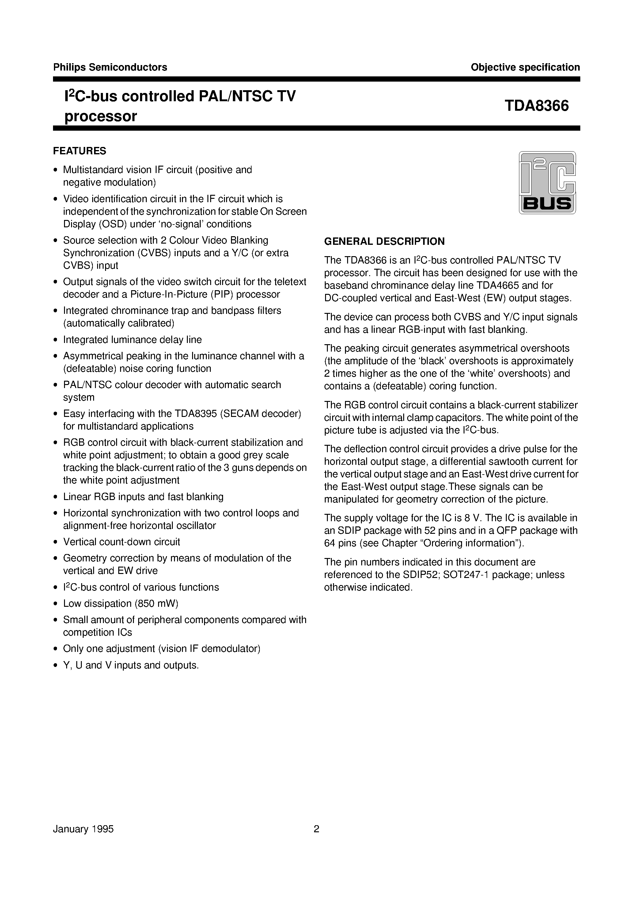Datasheet TDA8366 page 2 Datasheet TDA8366 - I2C-bus controlled PAL/NTSC TV processor page 2