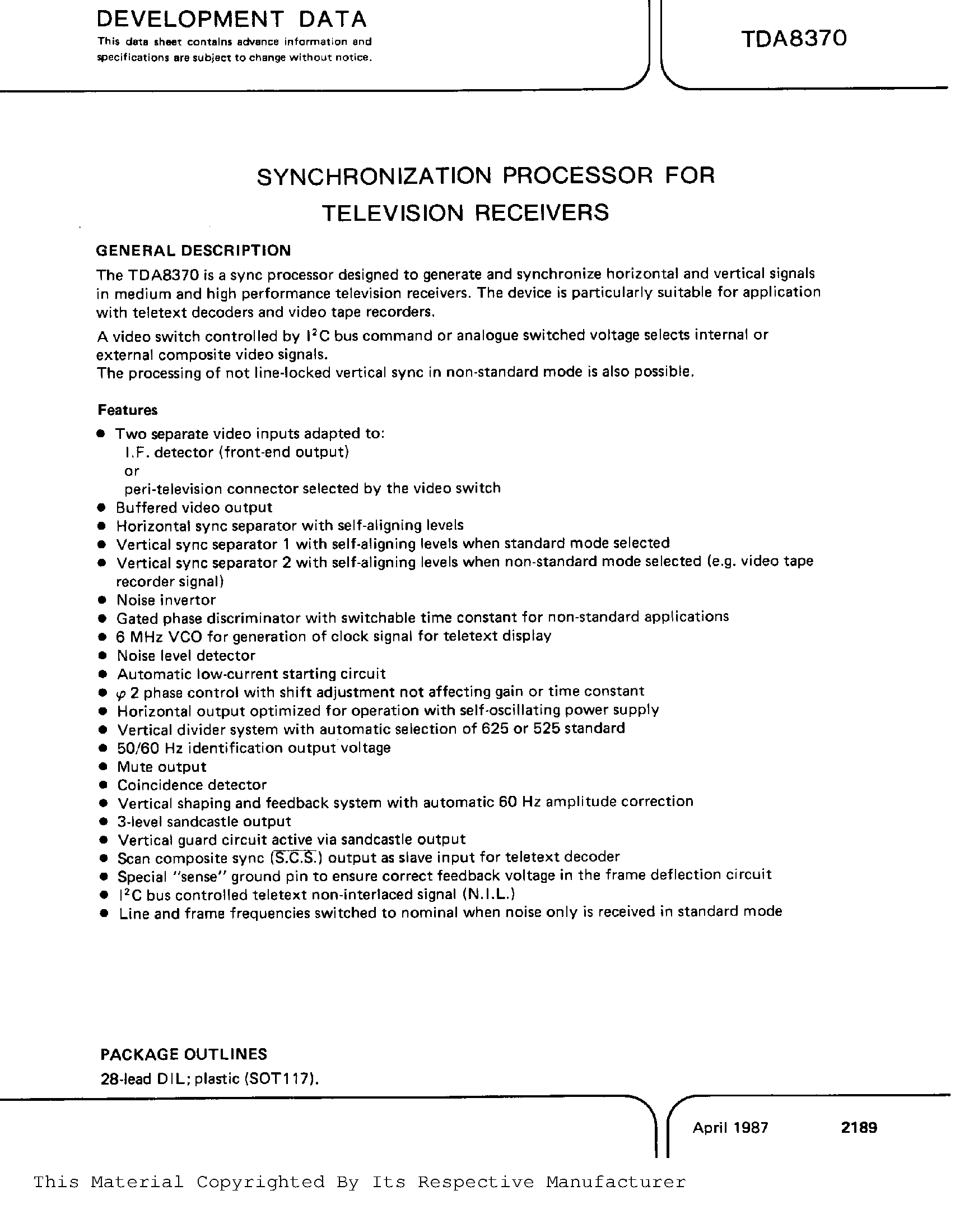 Datasheet TDA8370 - Synchronization processor for television receivers page 1