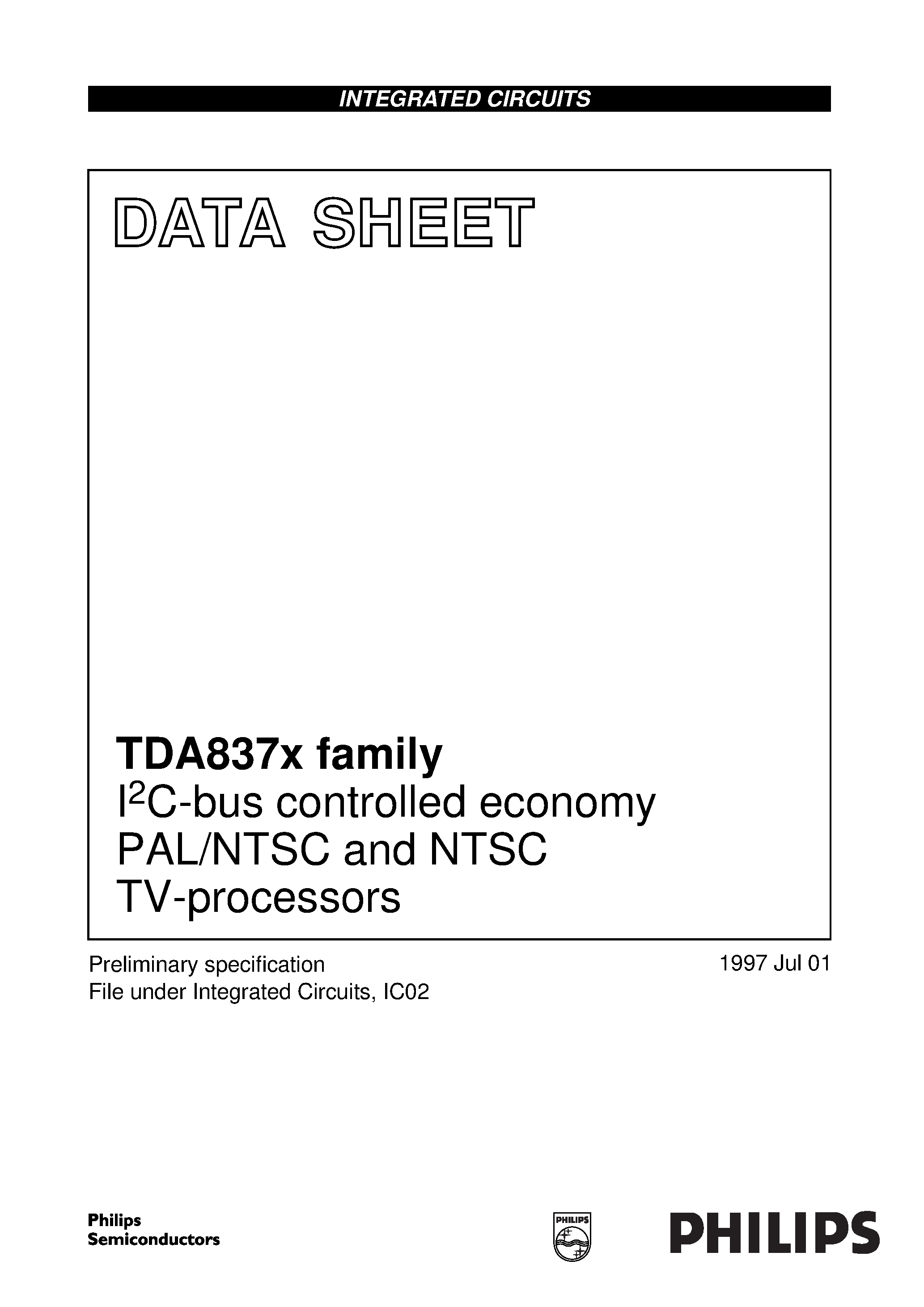 Datasheet TDA8374B page 1 Datasheet TDA8374B - I2C-bus controlled economy PAL/NTSC and NTSC TV-processors page 1