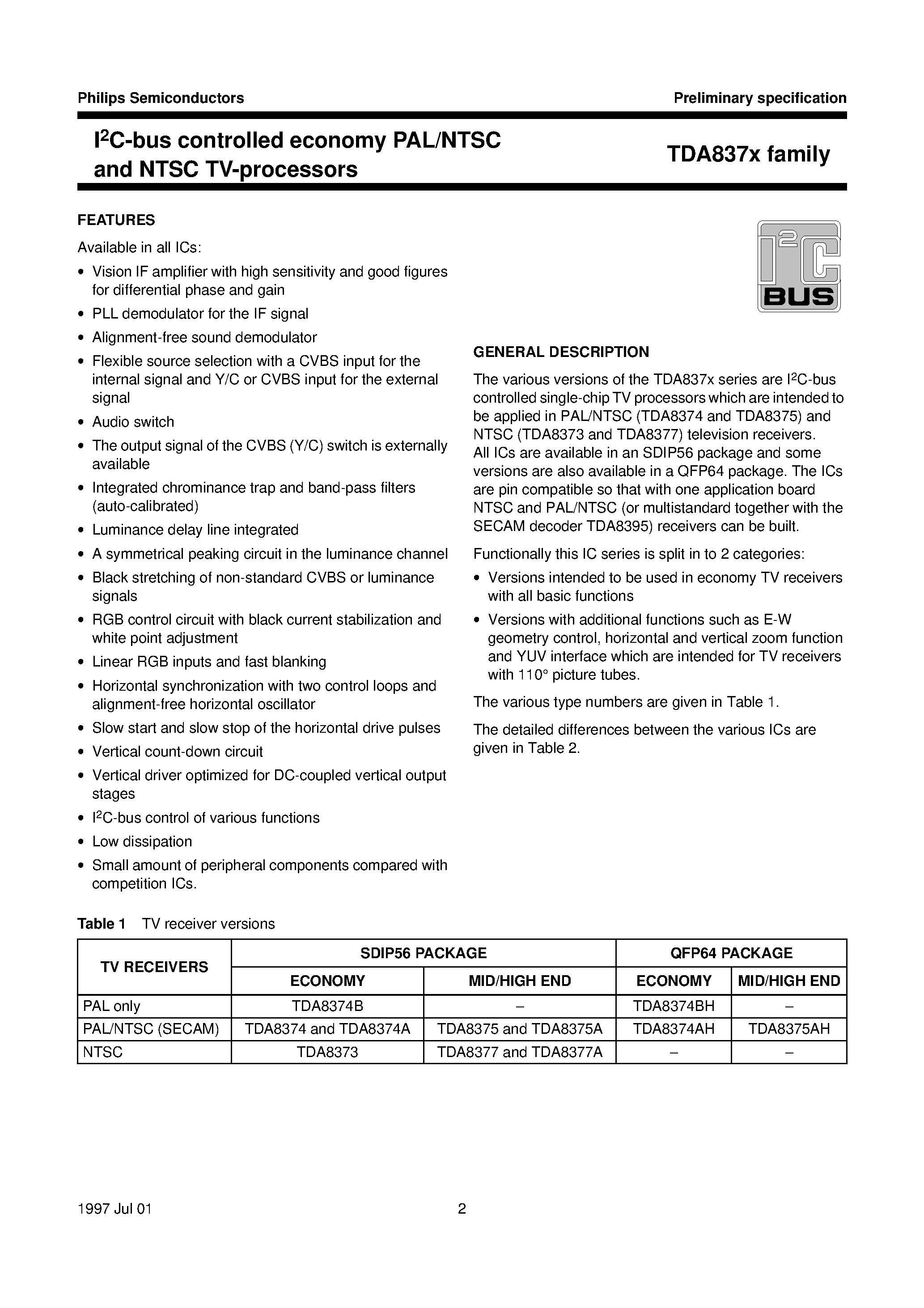 Datasheet TDA8375A - I2C-bus controlled economy PAL/NTSC and NTSC TV-processors page 2