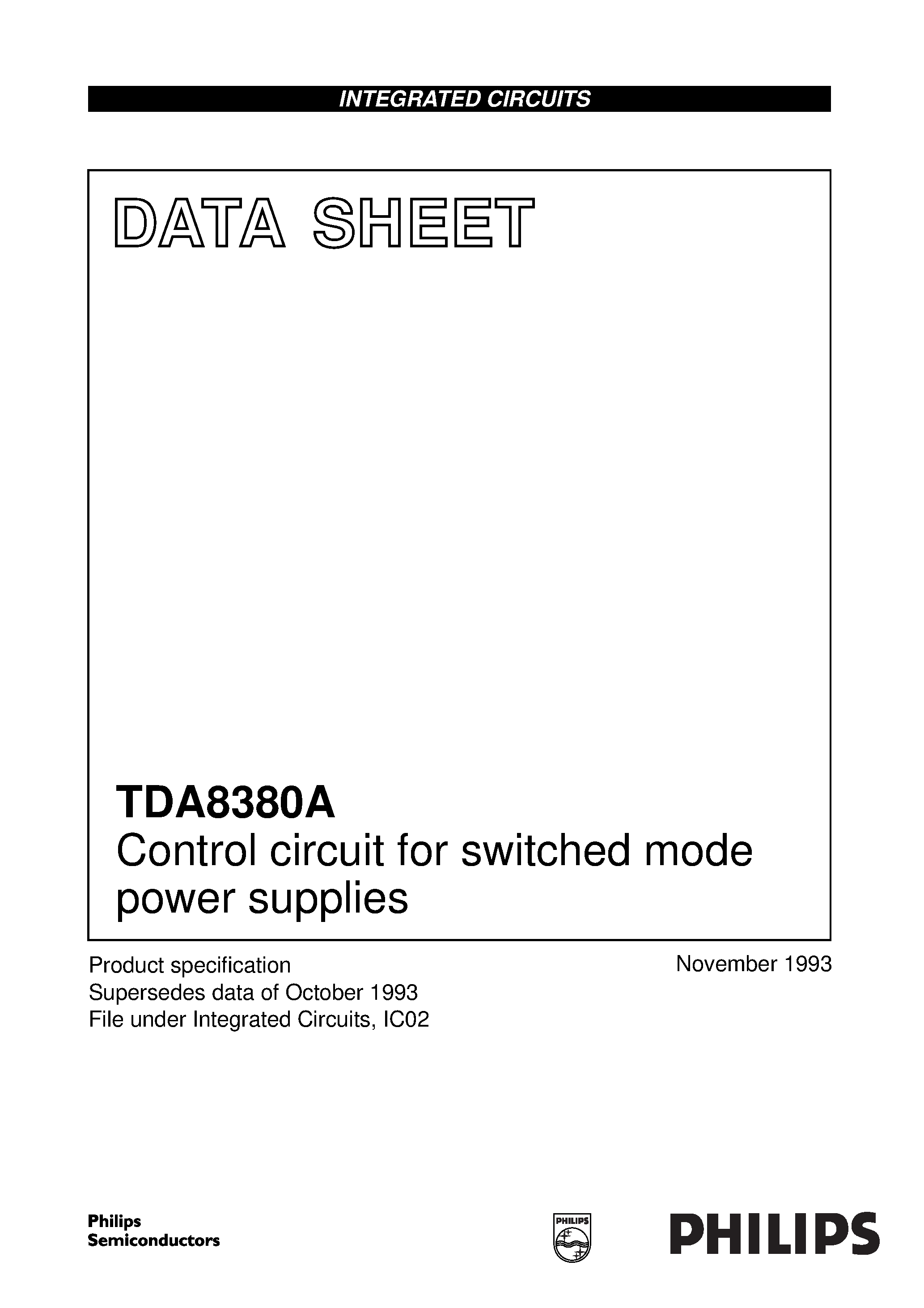 Даташит TDA8380A - Control circuit for switched mode power supplies страница 1
