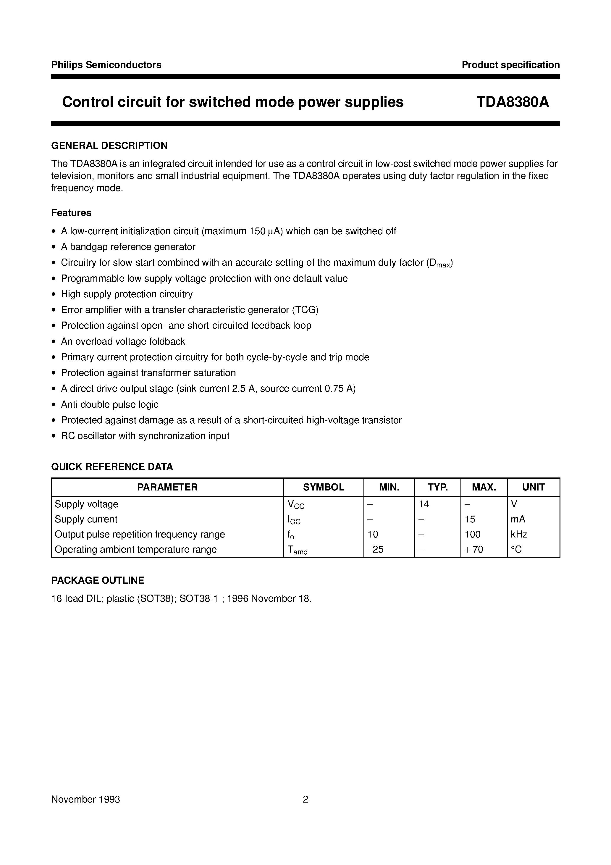 Даташит TDA8380A - Control circuit for switched mode power supplies страница 2