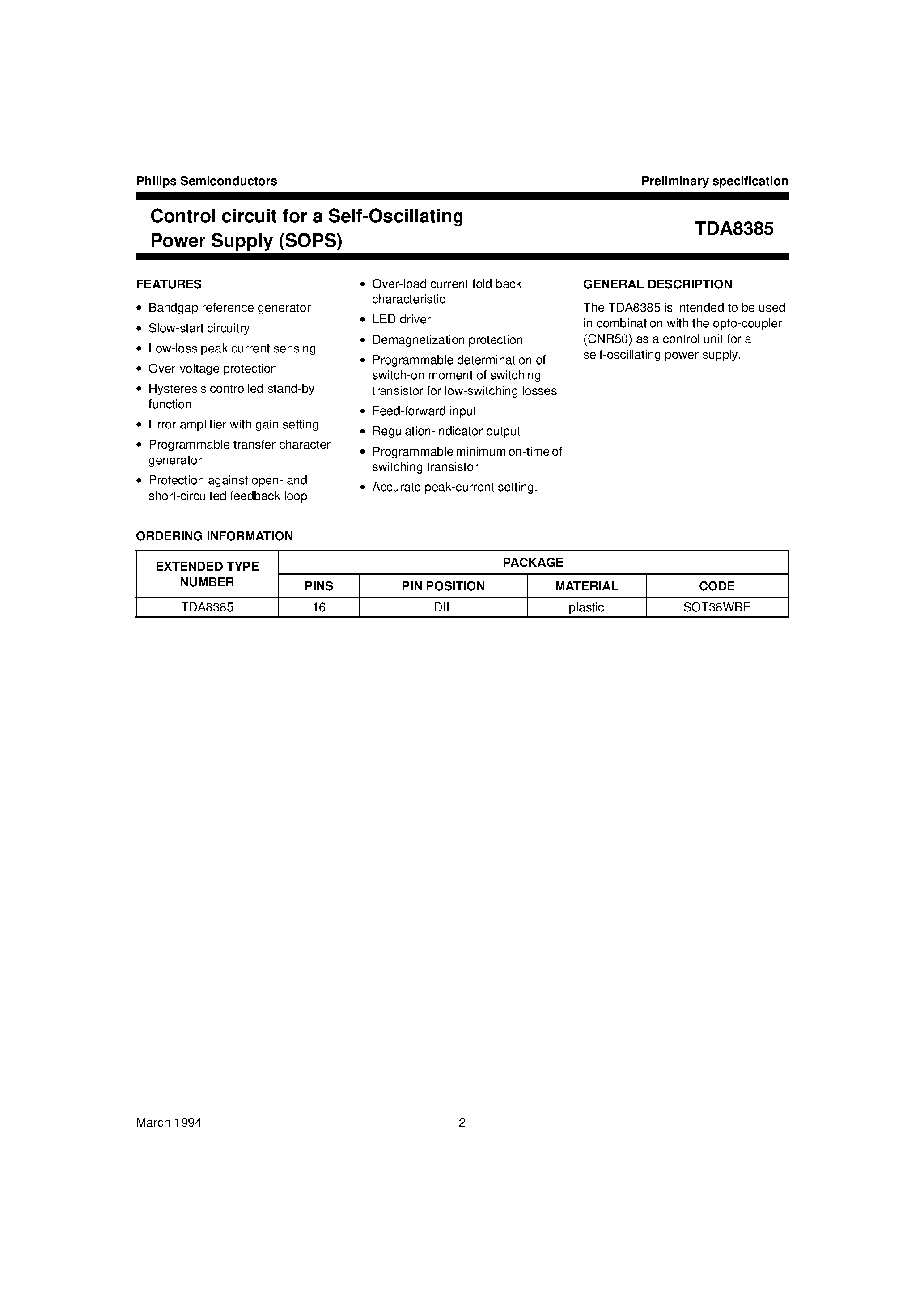 Даташит TDA8385 - Control circuit for a Self-Oscillating Power Supply SOPS страница 1