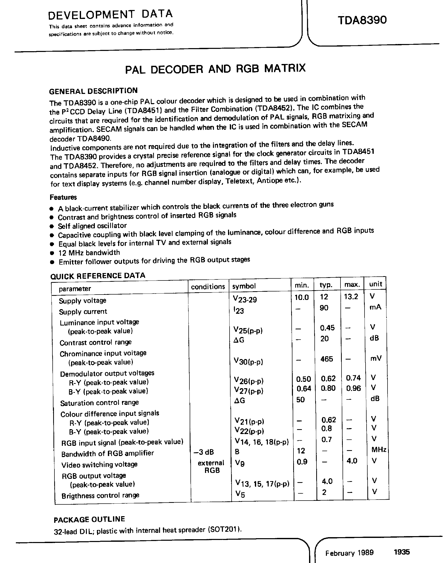 Даташит TDA8390 - PAL DECODER AND RGB MATRIX страница 1