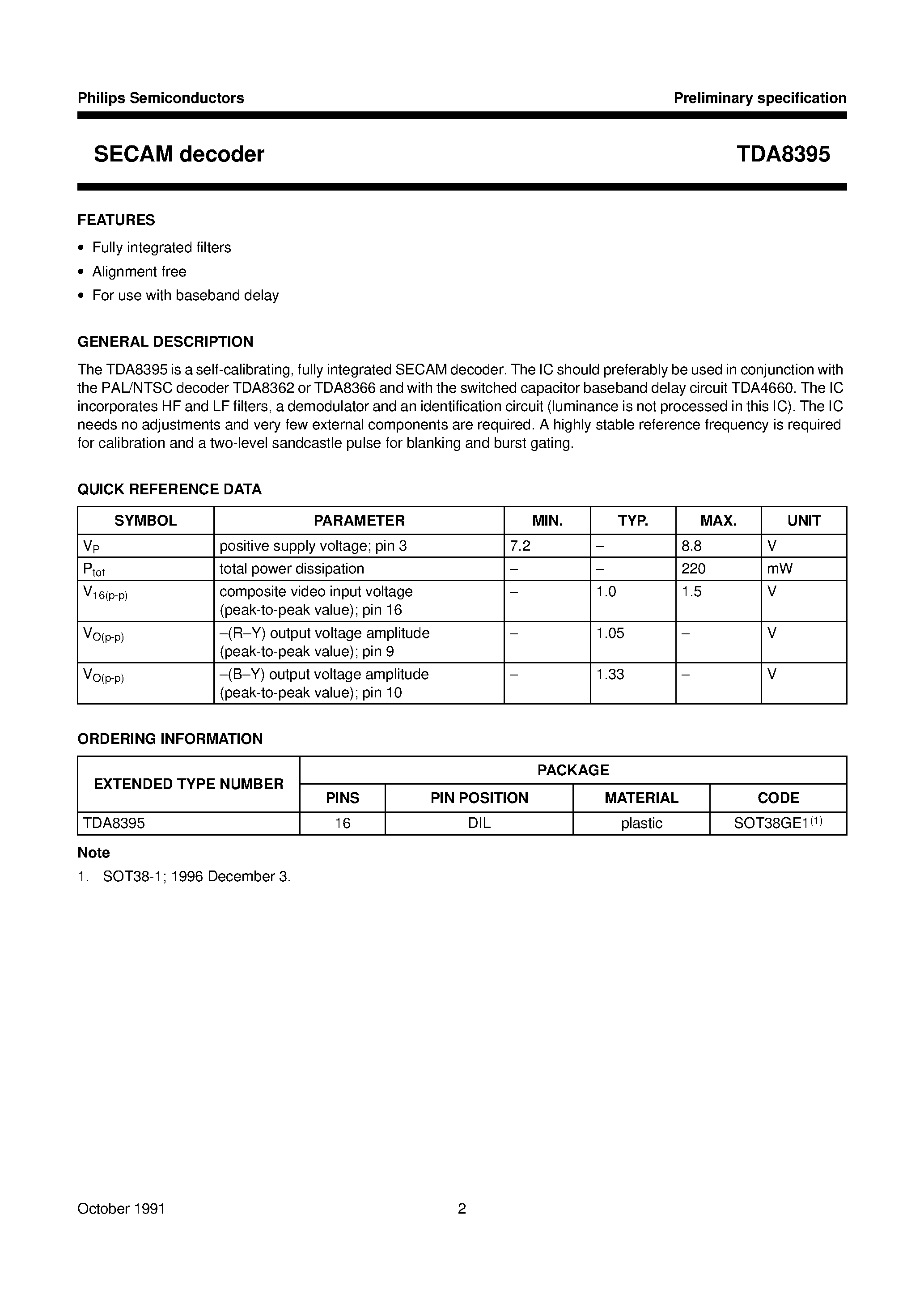 Даташит TDA8395 - SECAM decoder страница 2