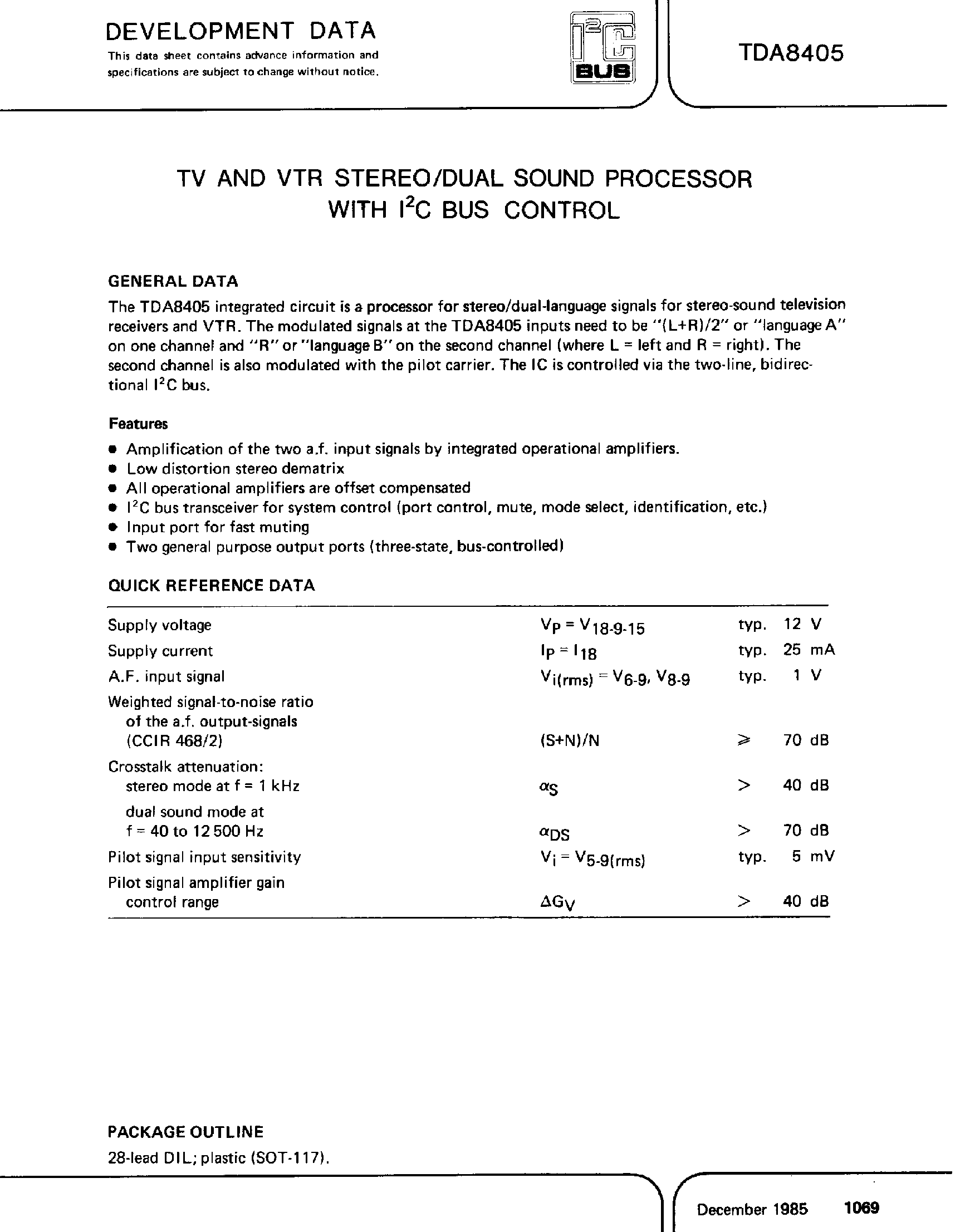 Даташит TDA8405 - TV AND VTR STEREO/DUAL SOUND PROCESSOR WITH I2C BUS CONTROL страница 1