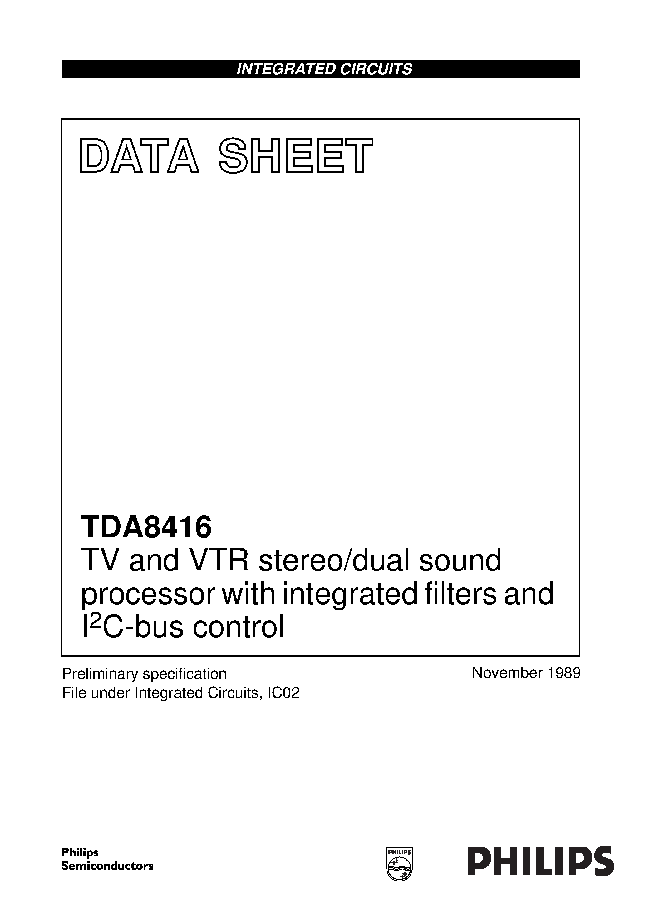 Даташит TDA8416 - TV and VTR stereo/dual sound processor with integrated filters and I2C-bus control страница 1