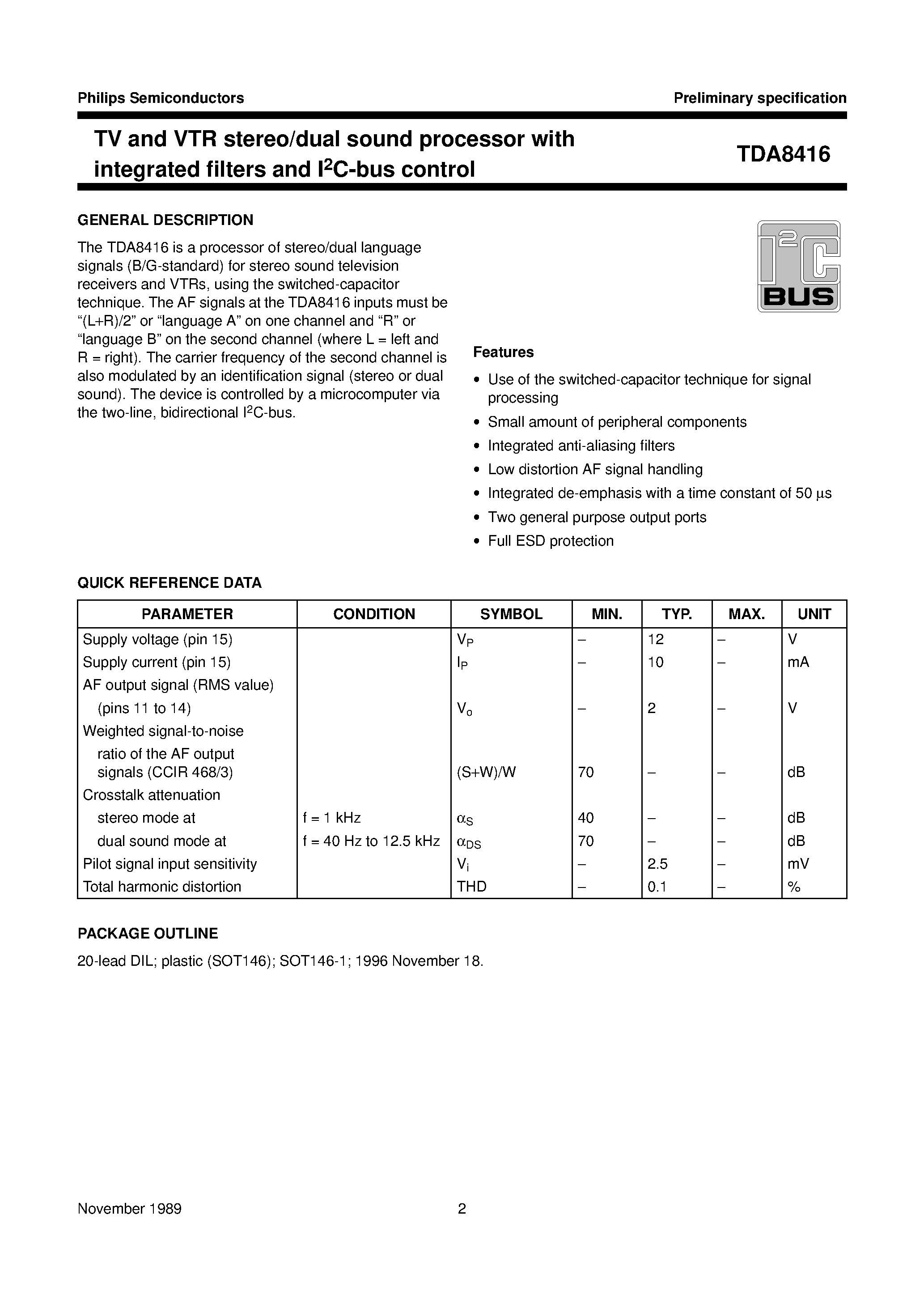 Даташит TDA8416 - TV and VTR stereo/dual sound processor with integrated filters and I2C-bus control страница 2