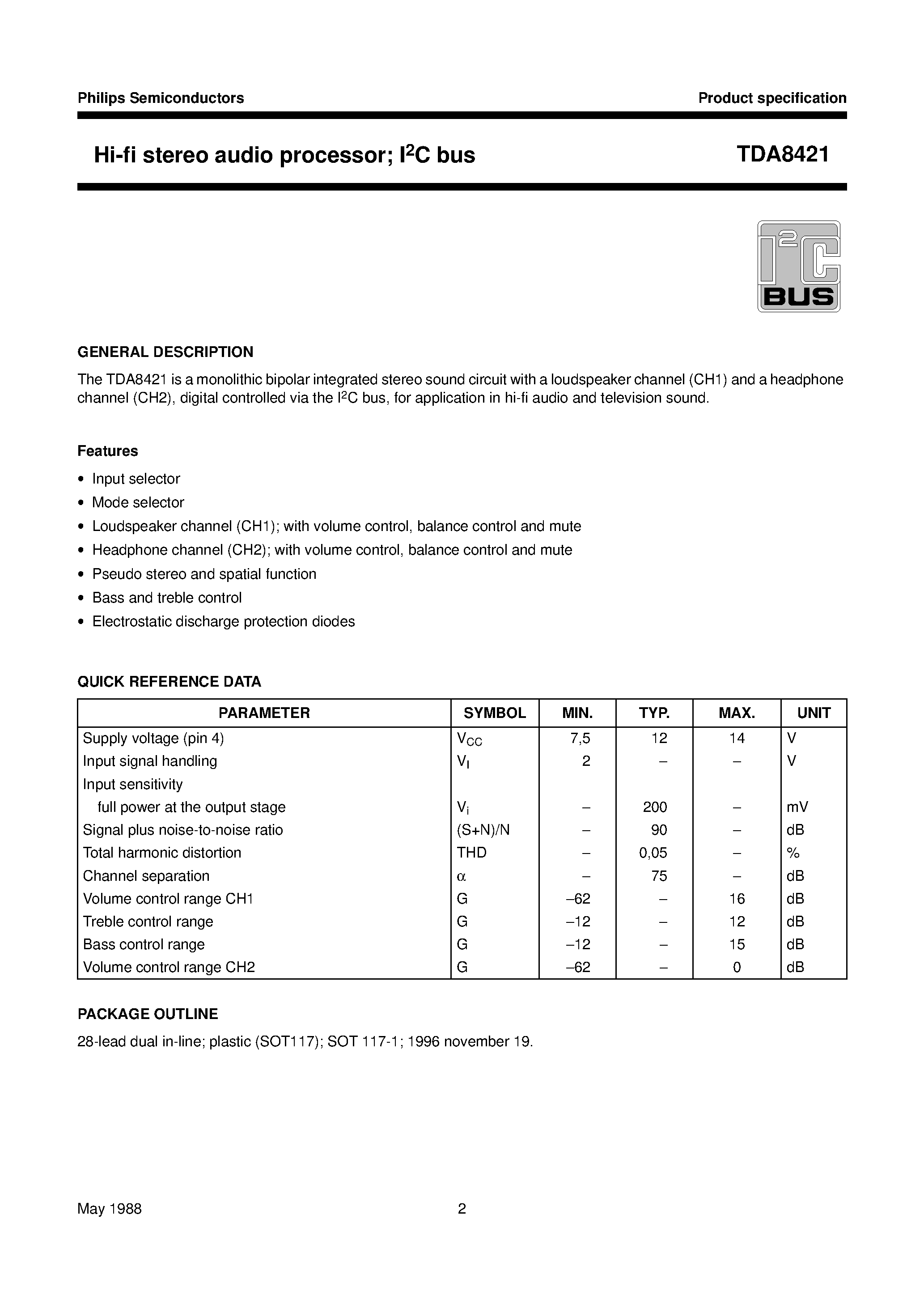 Даташит TDA8421 - Hi-fi stereo audio processor; I2C bus страница 2