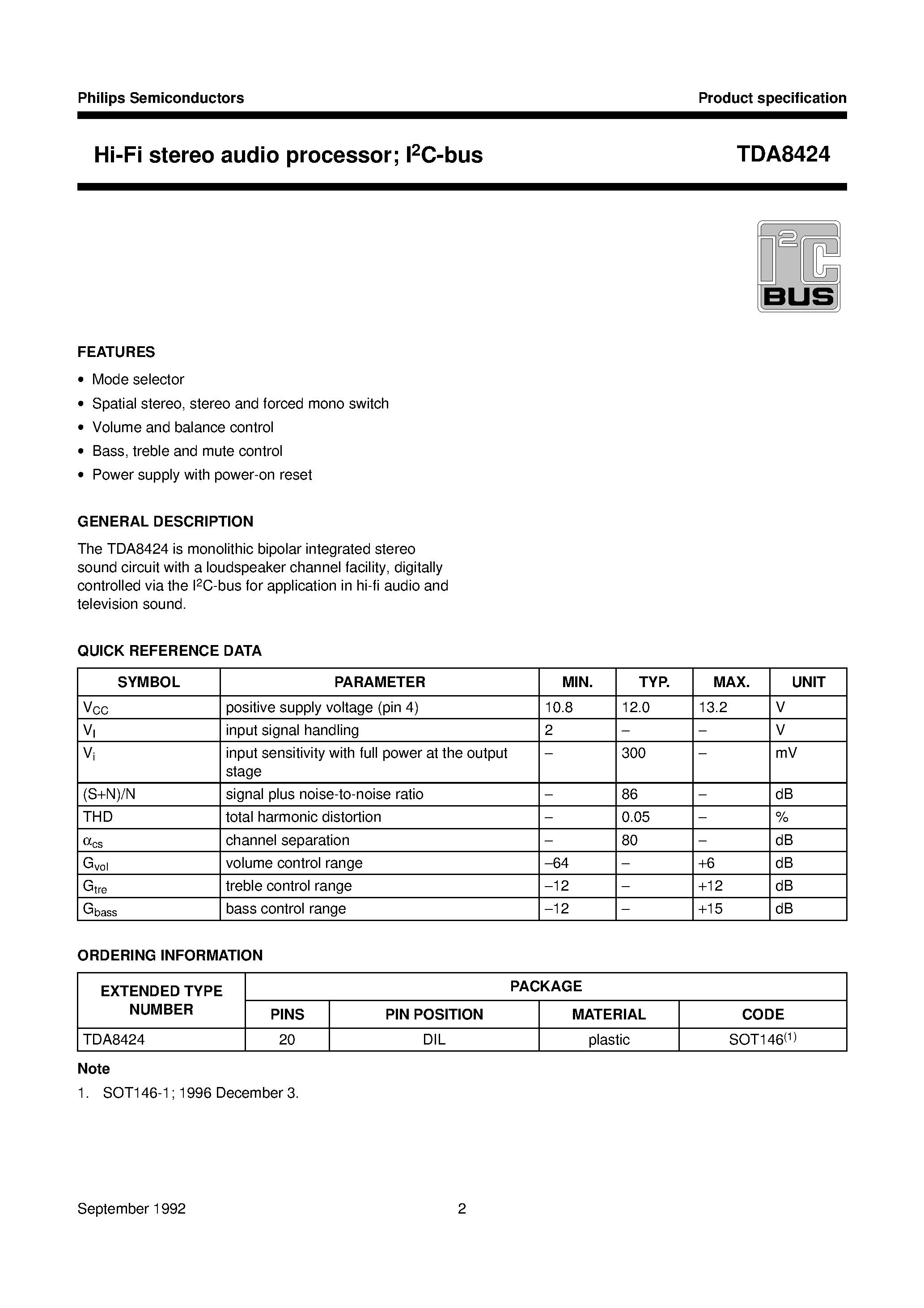 Даташит TDA8424 - Hi-Fi stereo audio processor; I2C-bus страница 2