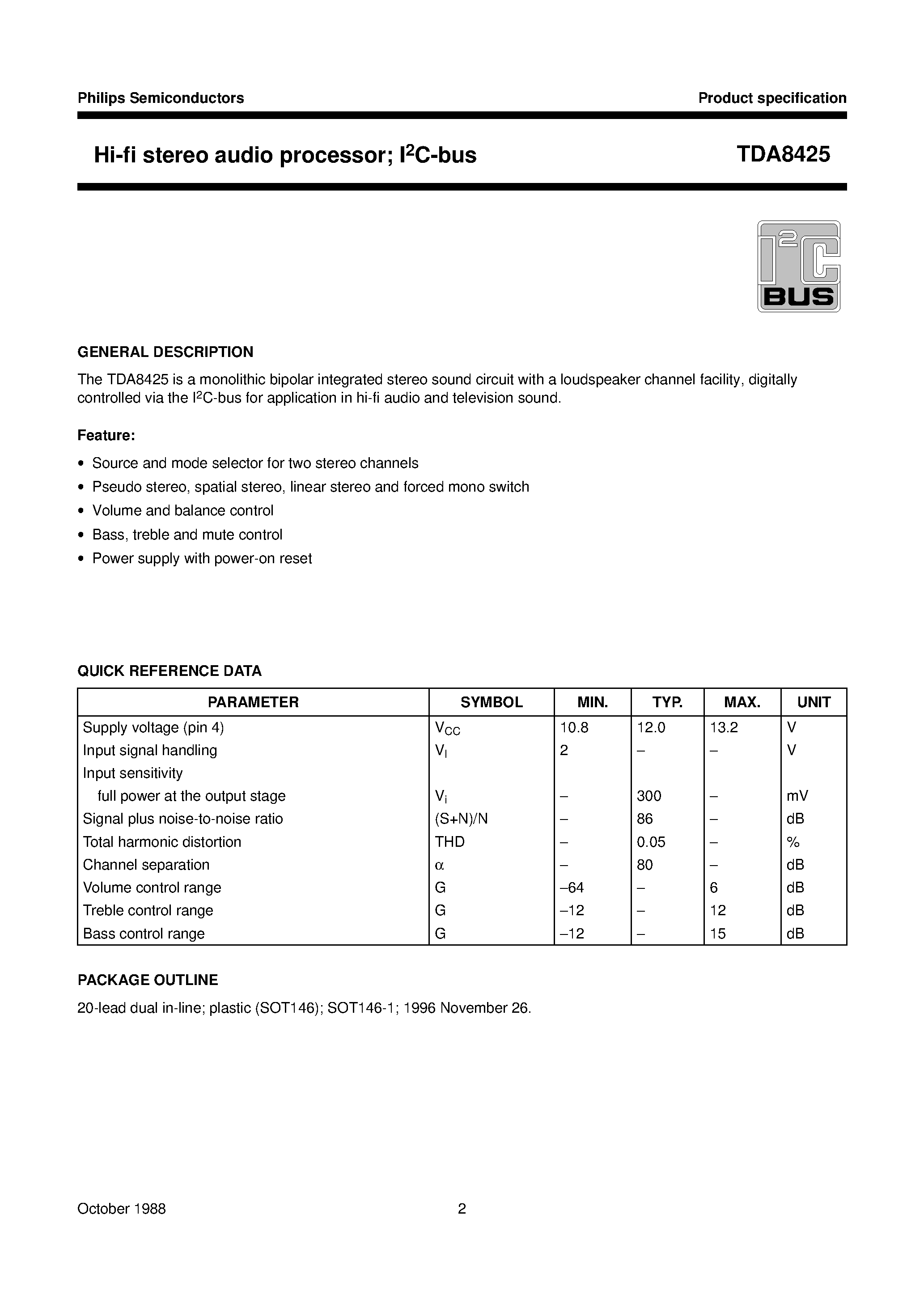 Даташит на микросхему TDA8425 страница 2 Даташит TDA8425 - Hi-fi stereo audio processor; I2C-bus страница 2