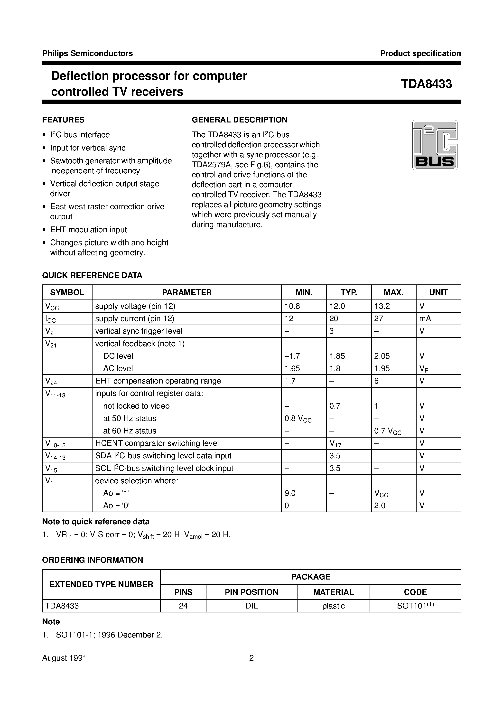 Даташит TDA8433 - Deflection processor for computer controlled TV receivers страница 2