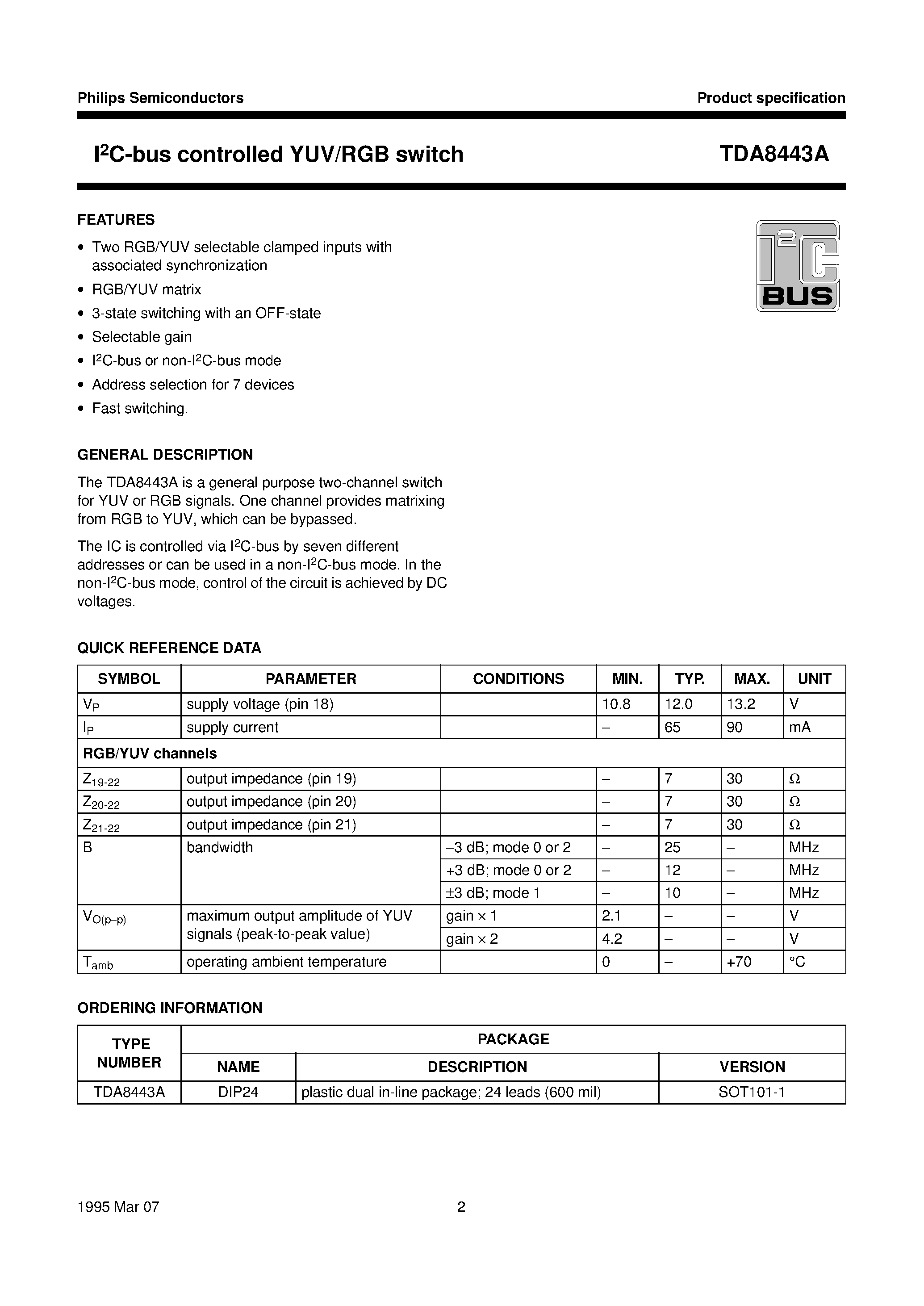 Даташит TDA8443A - I2C-bus controlled YUV/RGB switch страница 2