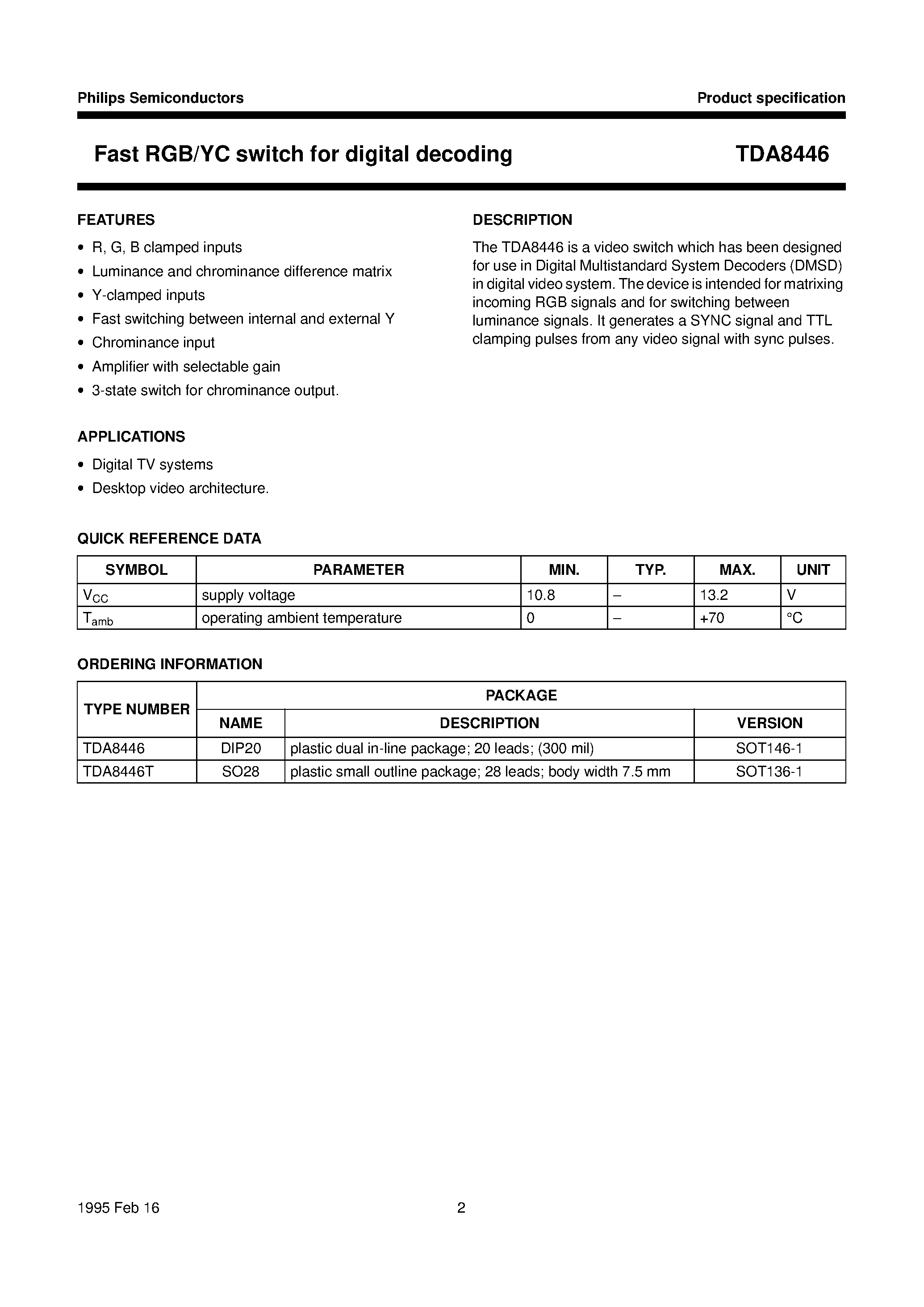Даташит TDA8446 - Fast RGB/YC switch for digital decoding страница 2