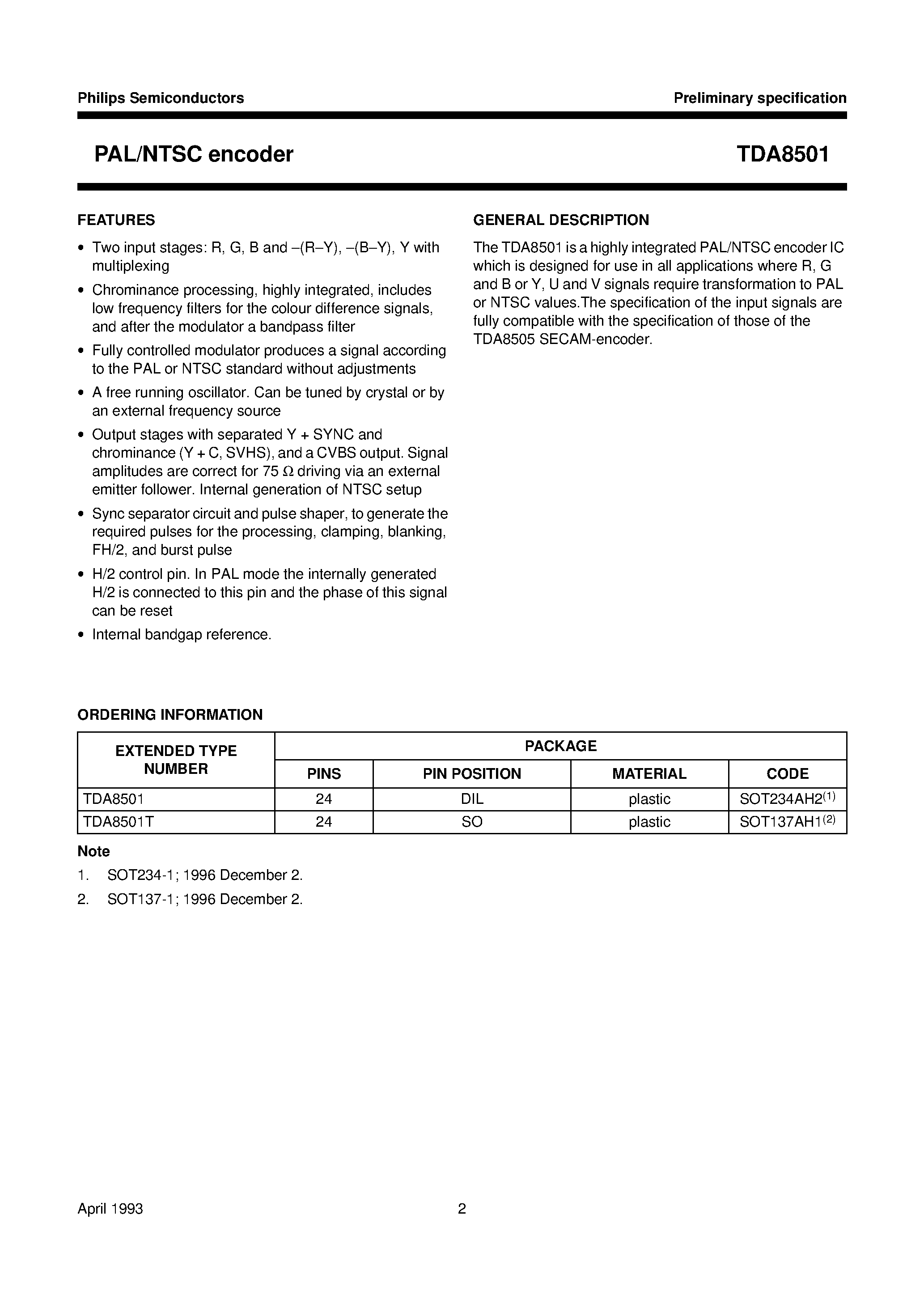 Даташит TDA8501T - PAL/NTSC encoder страница 2
