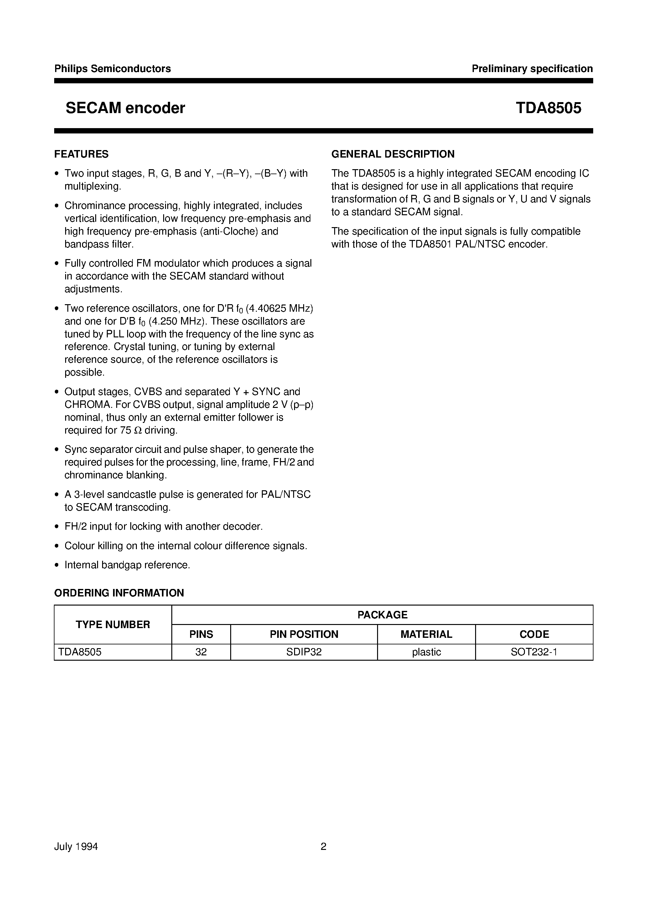 Даташит TDA8505 - SECAM encoder страница 2
