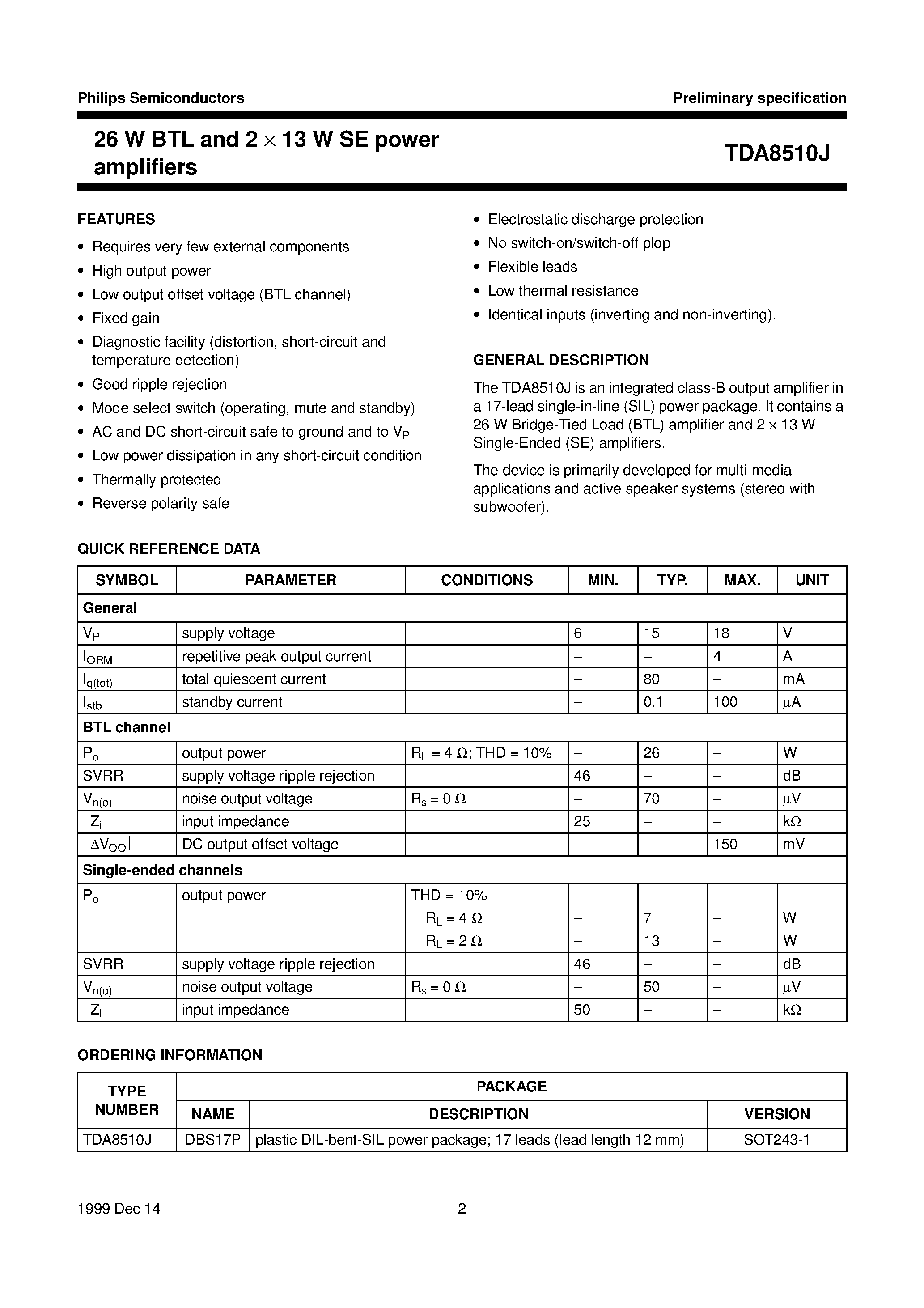 Даташит на микросхему TDA8510 страница 2 Даташит TDA8510 - 26 W BTL and 2 x 13 W SE power amplifiers страница 2