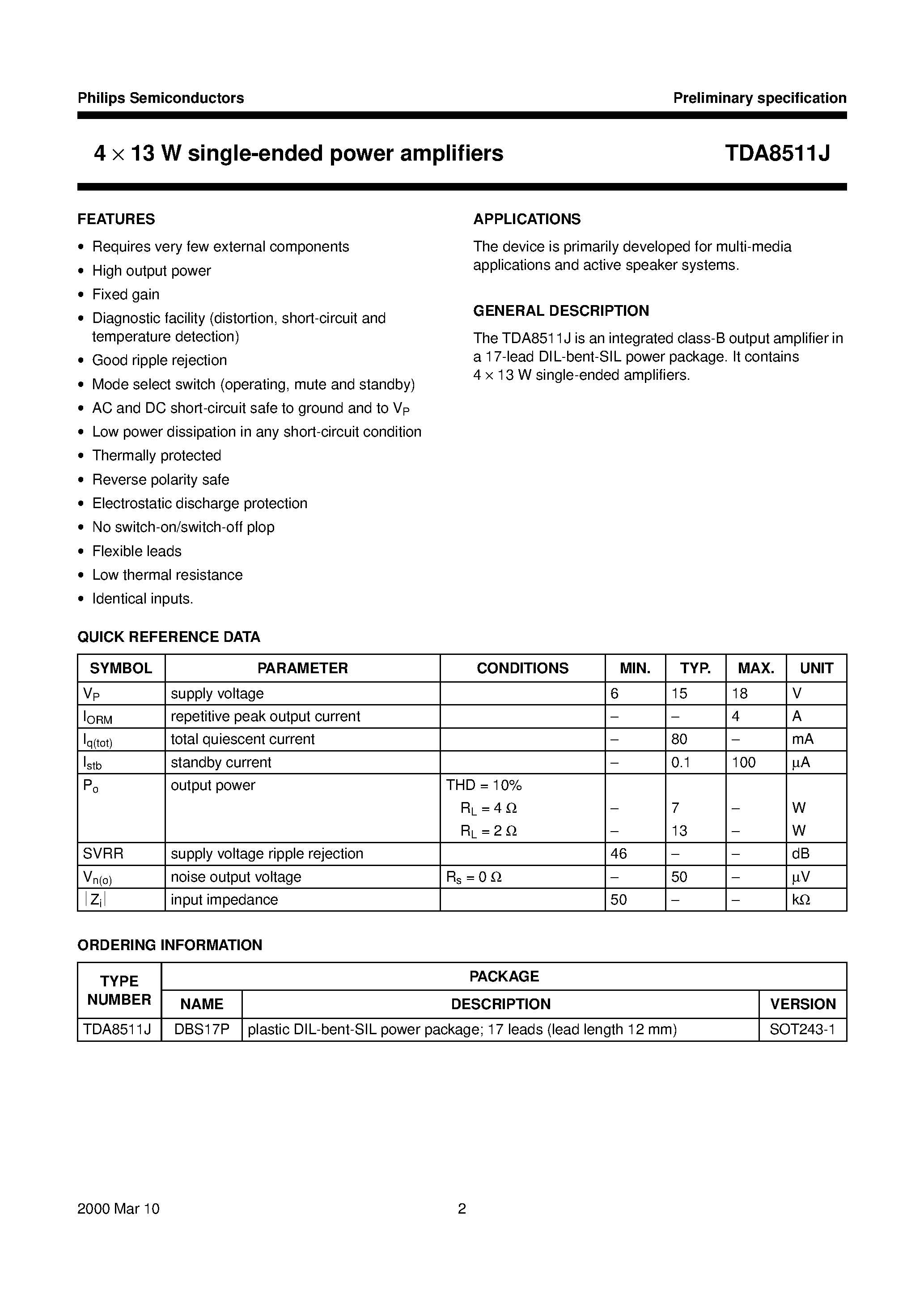 Datasheet TDA8511J - 4 x 13 W single-ended power amplifiers page 2