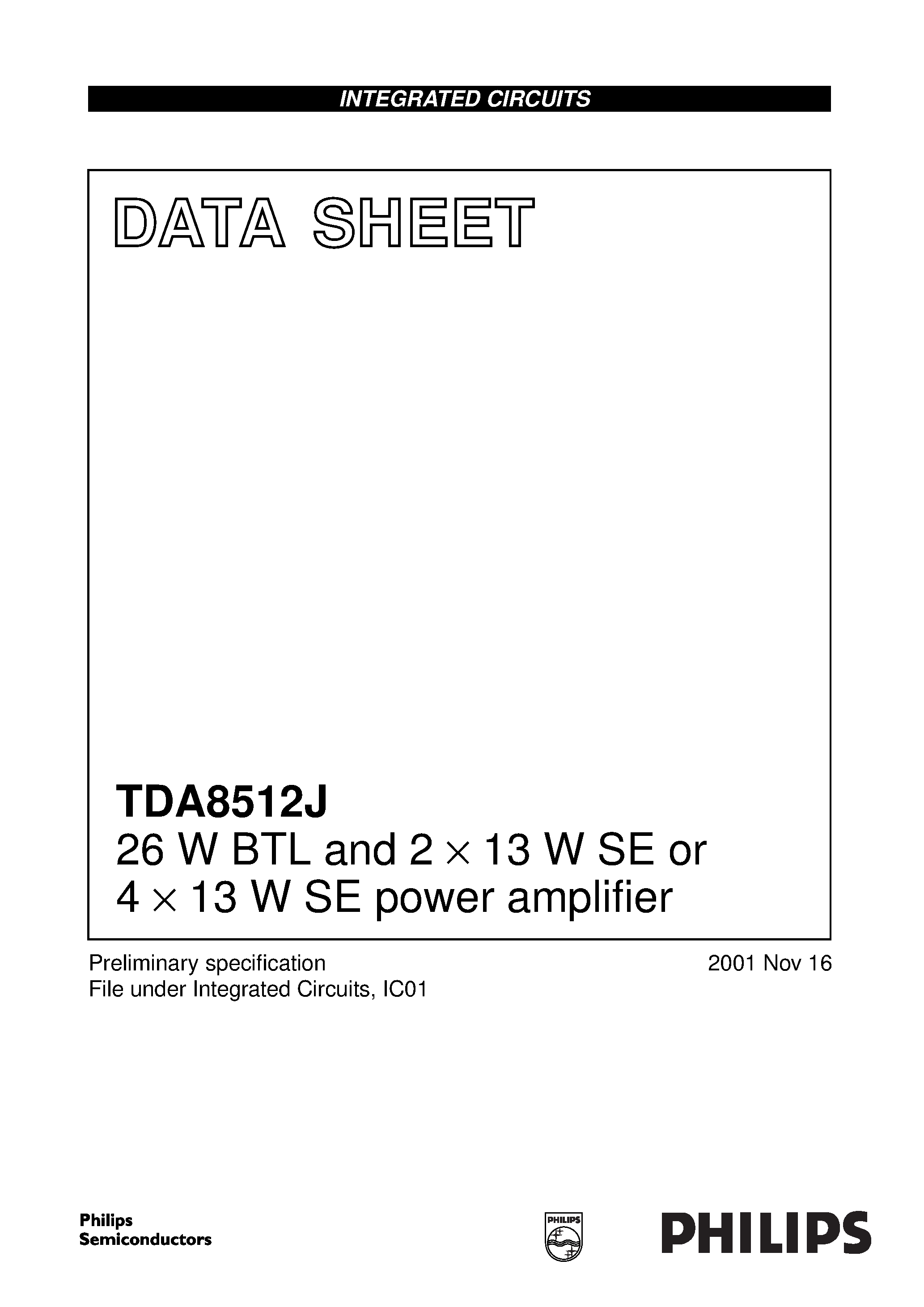 Datasheet TDA8512 - 26 W BTL and 2 x 13 W SE or 4 x 13 W SE power amplifier page 1