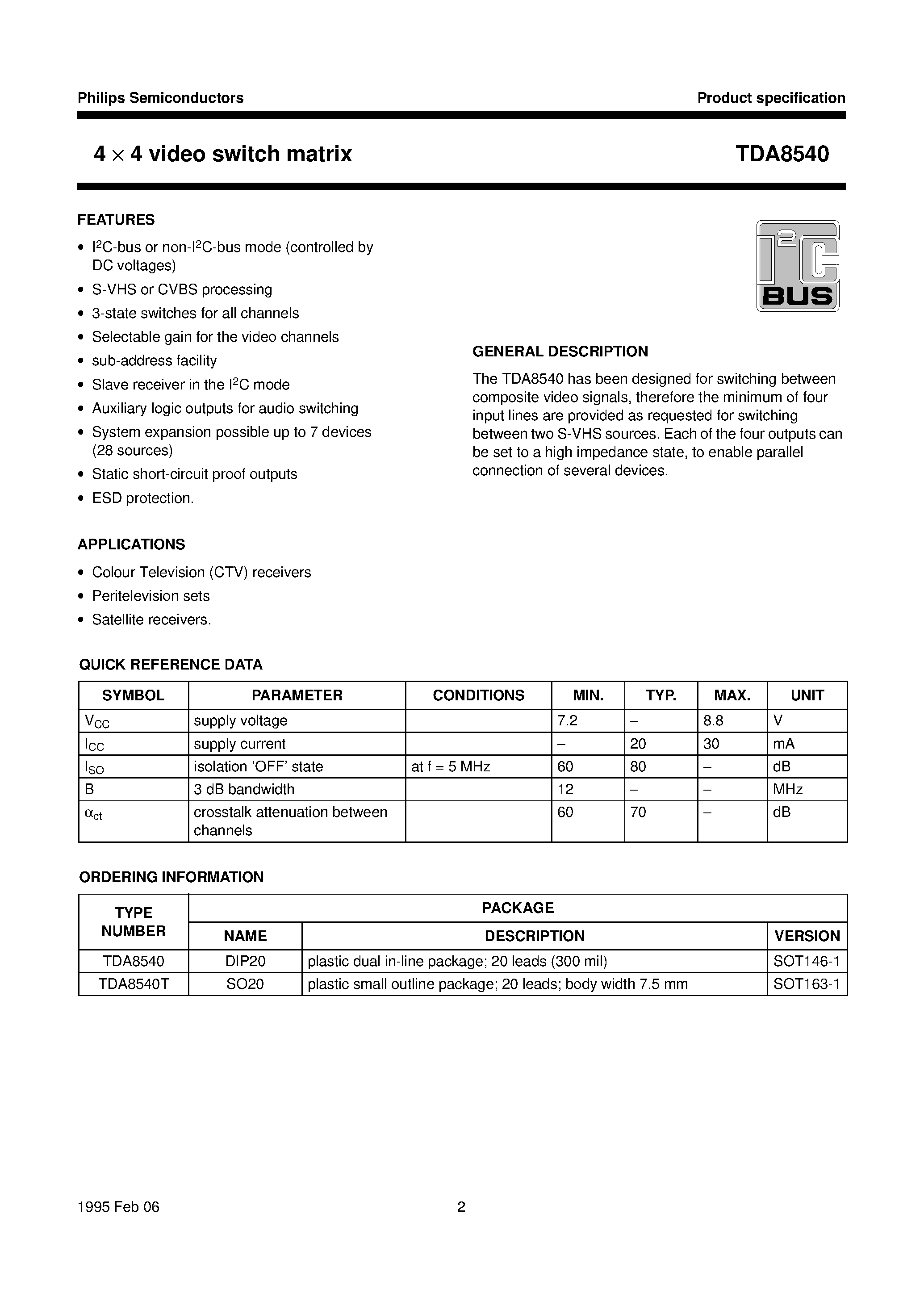 Даташит TDA8540 - 4 X 4 video switch matrix страница 2