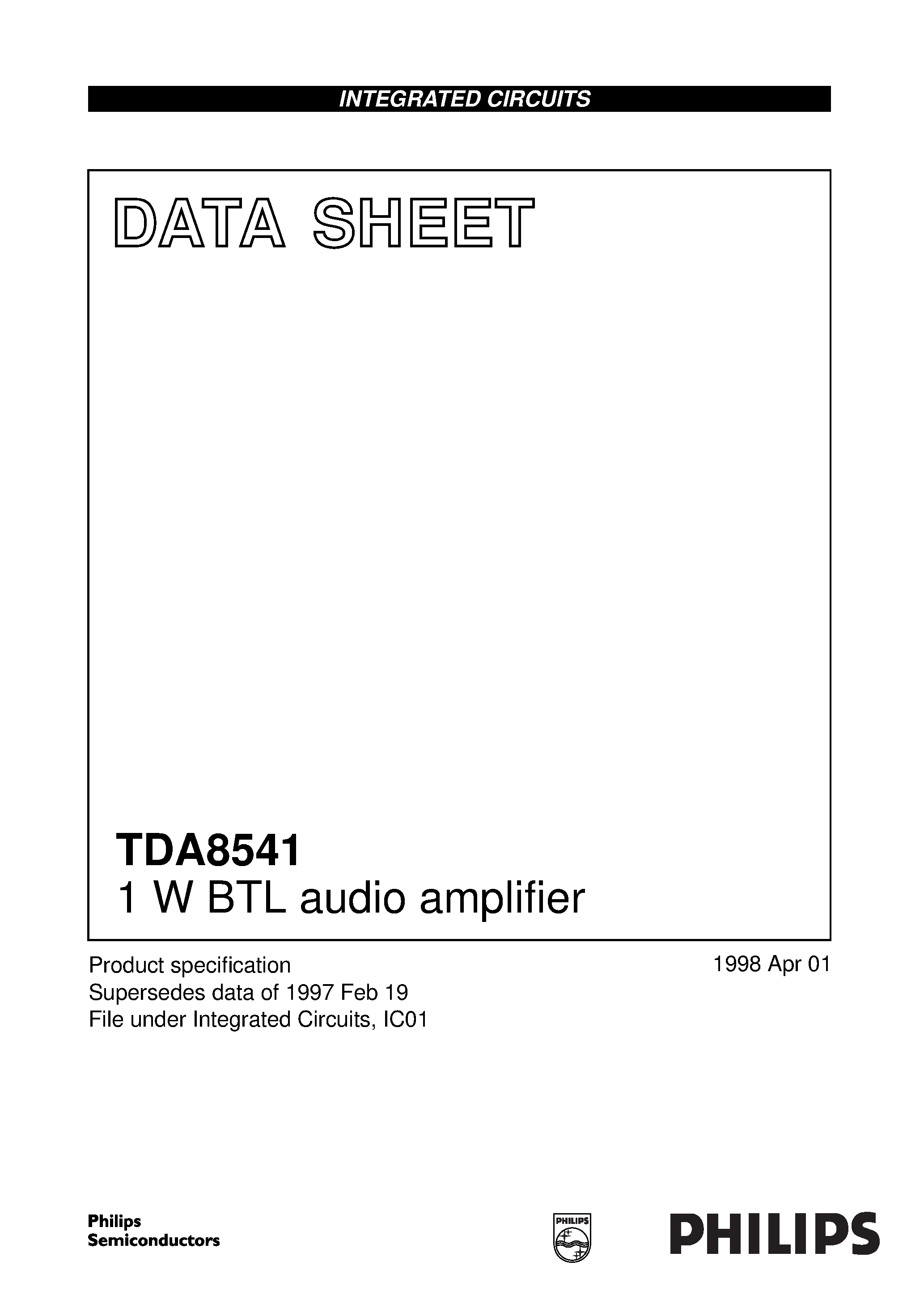 Даташит TDA8541 - 1 W BTL audio amplifier страница 1