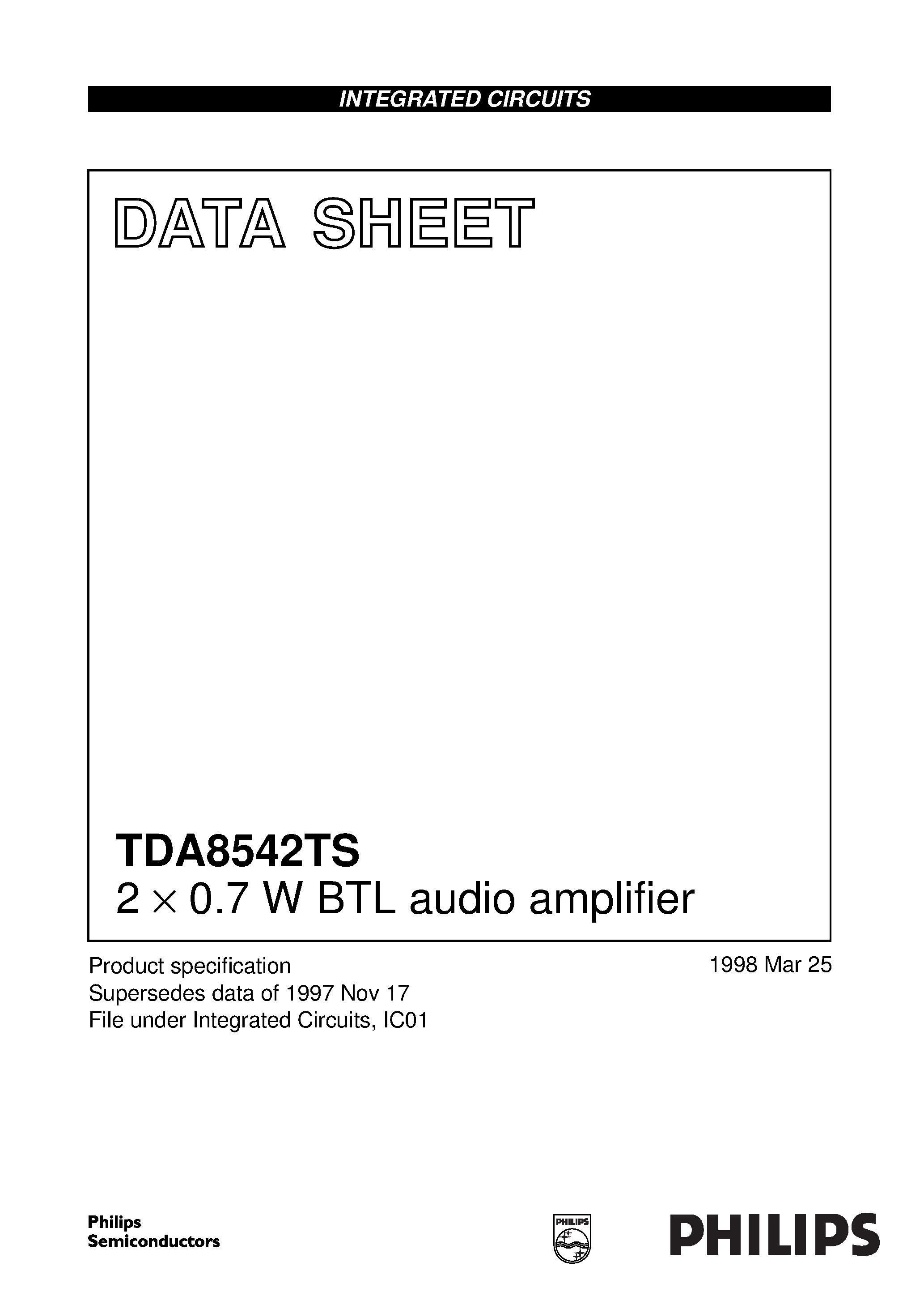 Даташит TDA8542TS - 2 x 0.7 W BTL audio amplifier страница 1