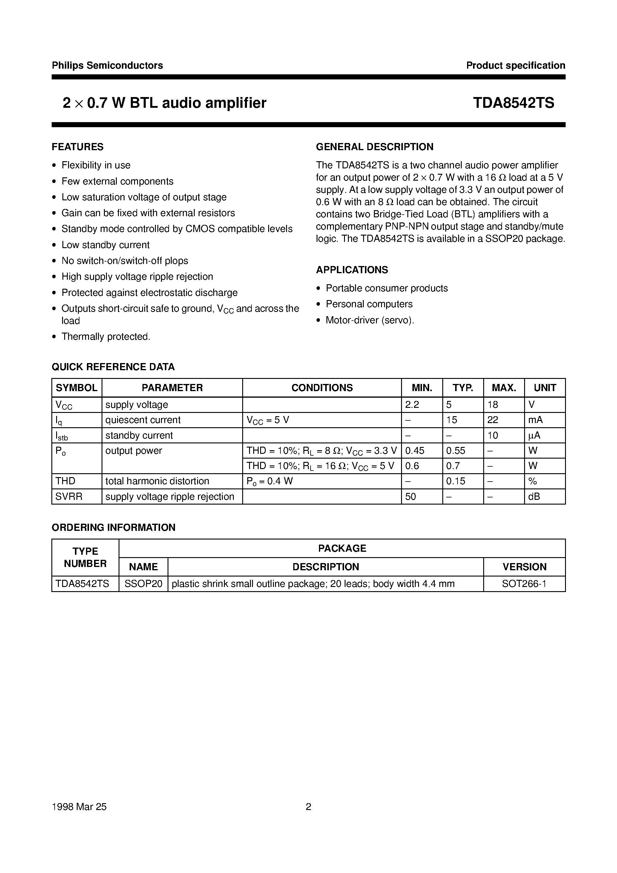 Даташит на микросхему TDA8542TS страница 2 Даташит TDA8542TS - 2 x 0.7 W BTL audio amplifier страница 2