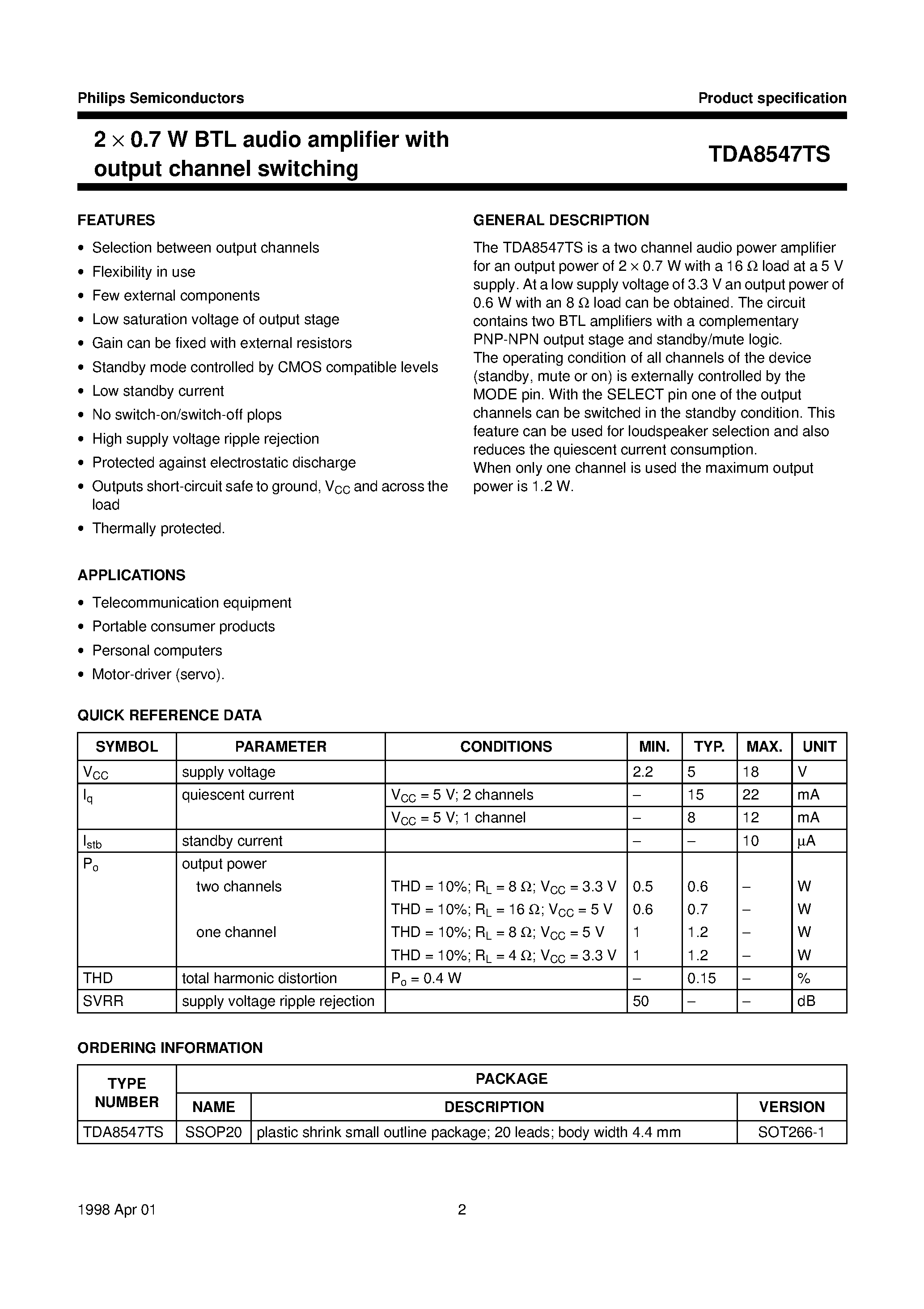 Даташит на микросхему TDA8547TS страница 2 Даташит TDA8547TS - 2 x 0.7 W BTL audio amplifier with output channel switching страница 2