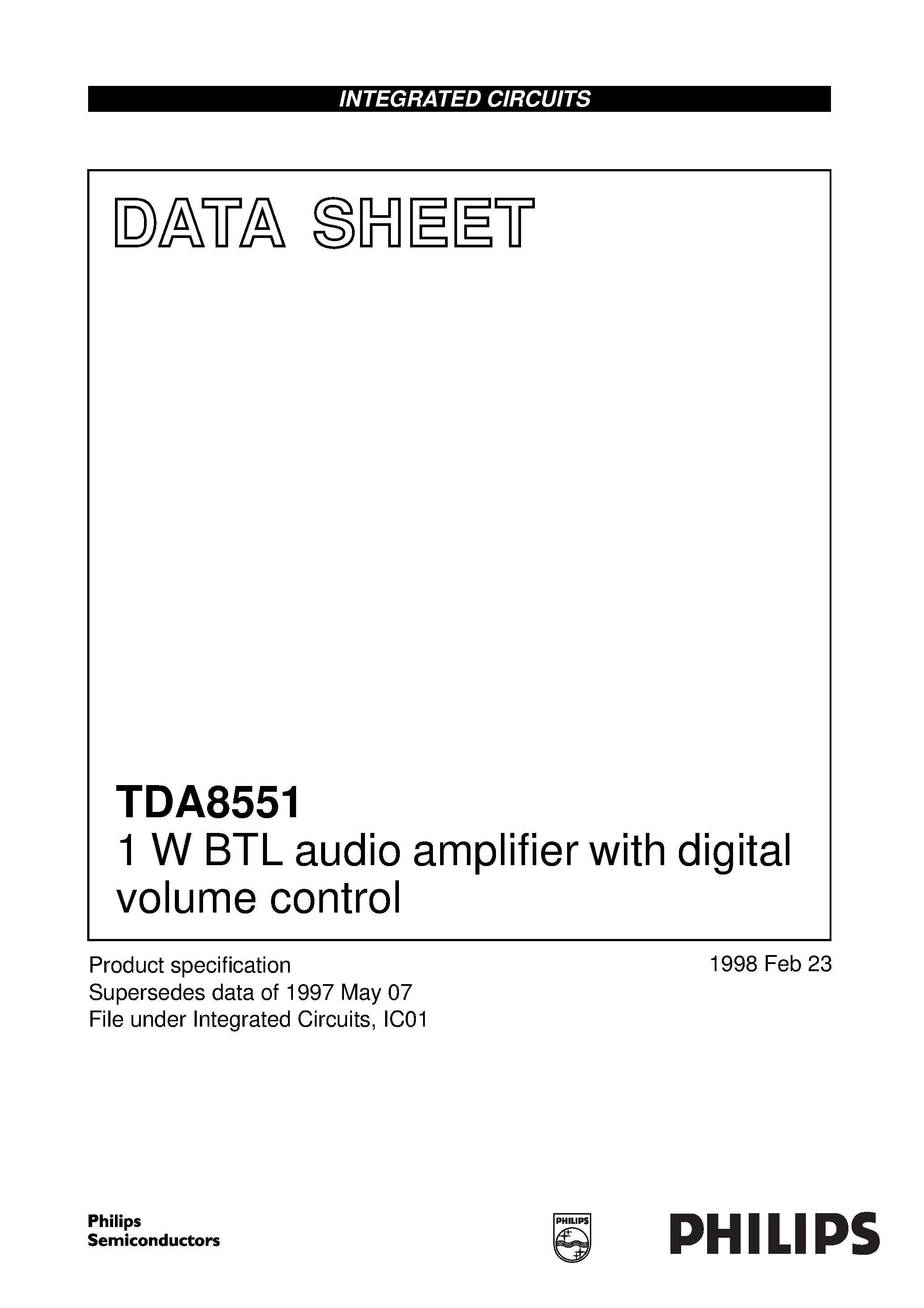 Даташит TDA8551 - 1 W BTL audio amplifier with digital volume control страница 1