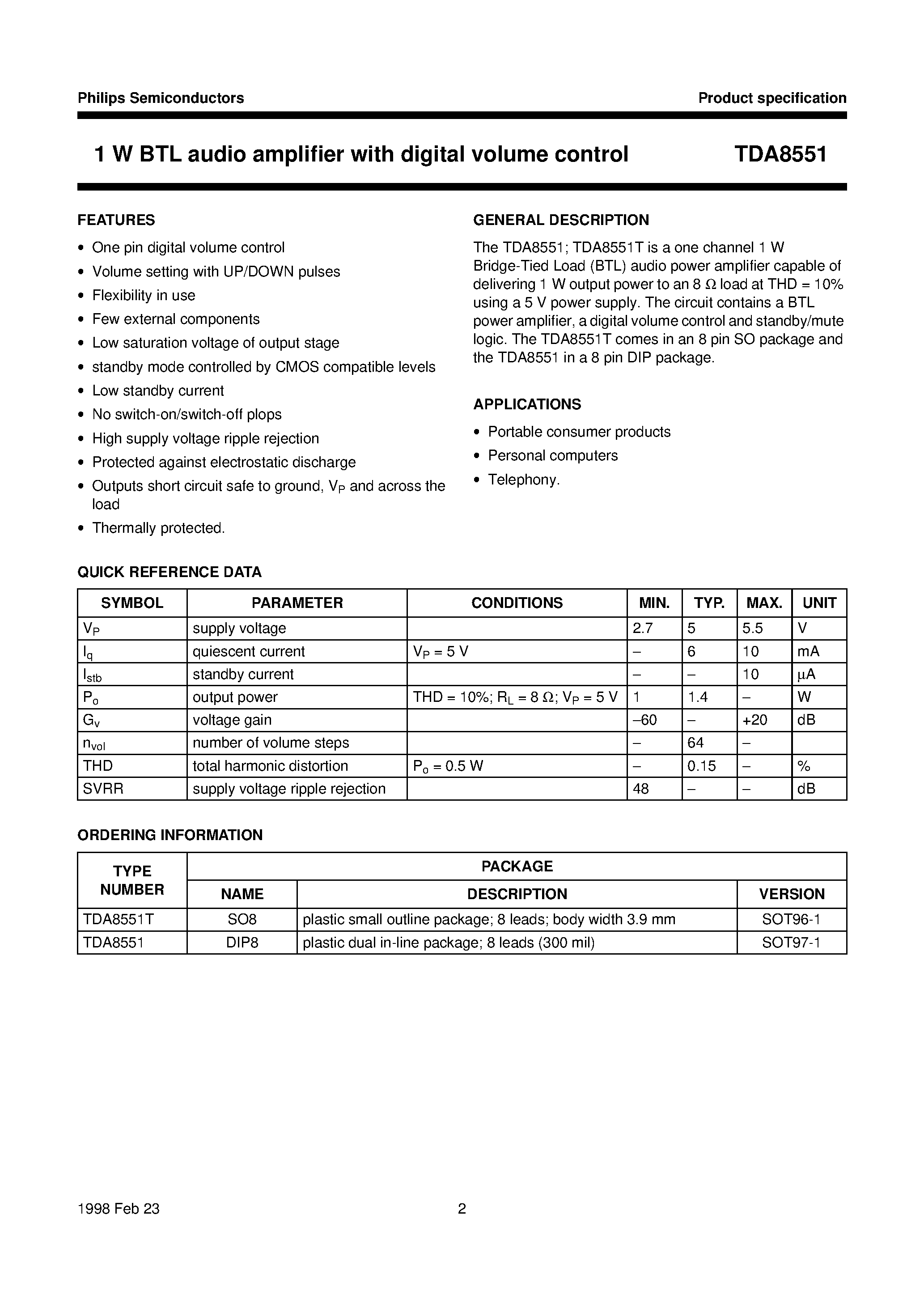 Даташит TDA8551 - 1 W BTL audio amplifier with digital volume control страница 2
