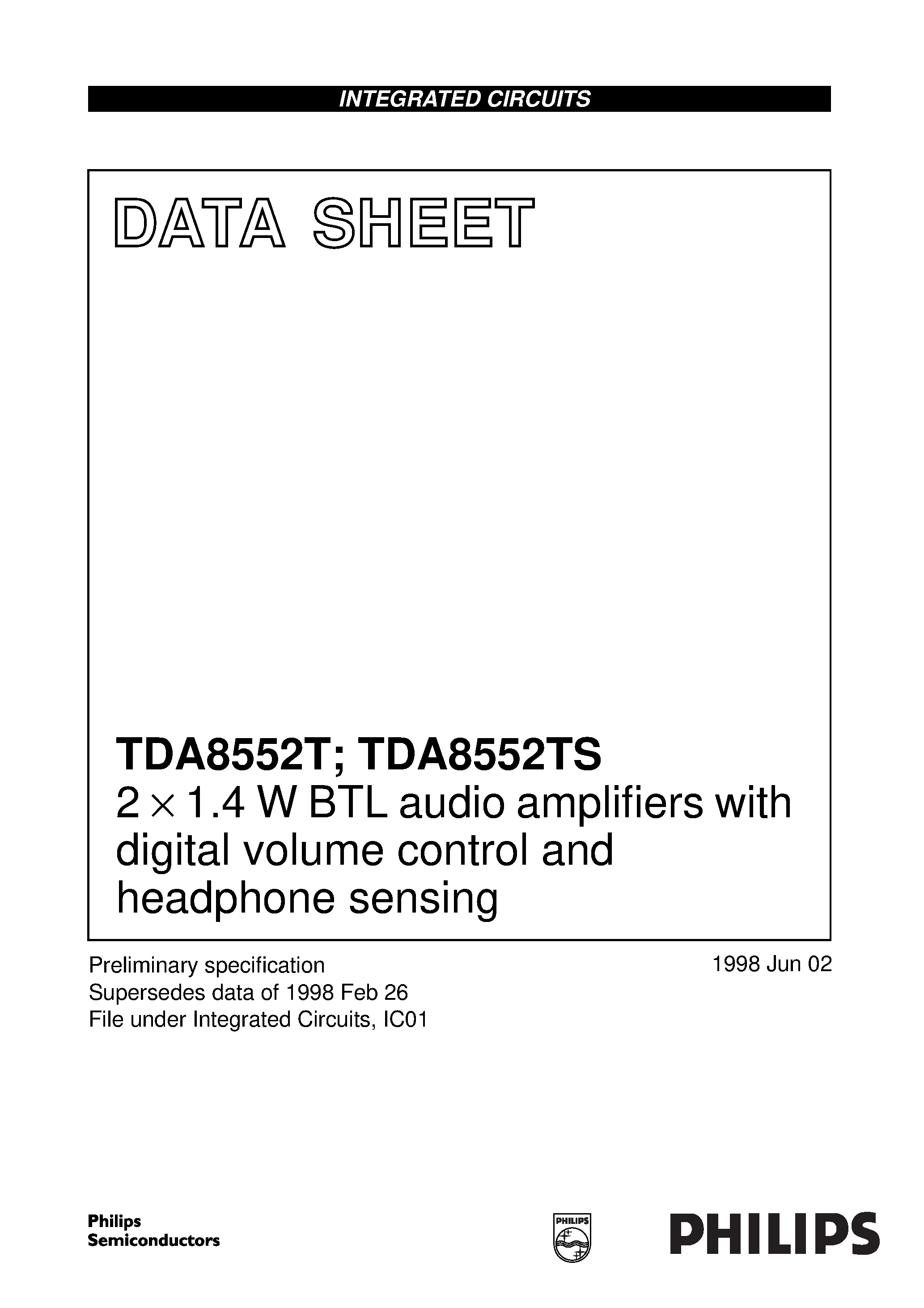 Datasheet TDA8552T - 2 x 1.4 W BTL audio amplifiers with digital volume control and headphone sensing page 1